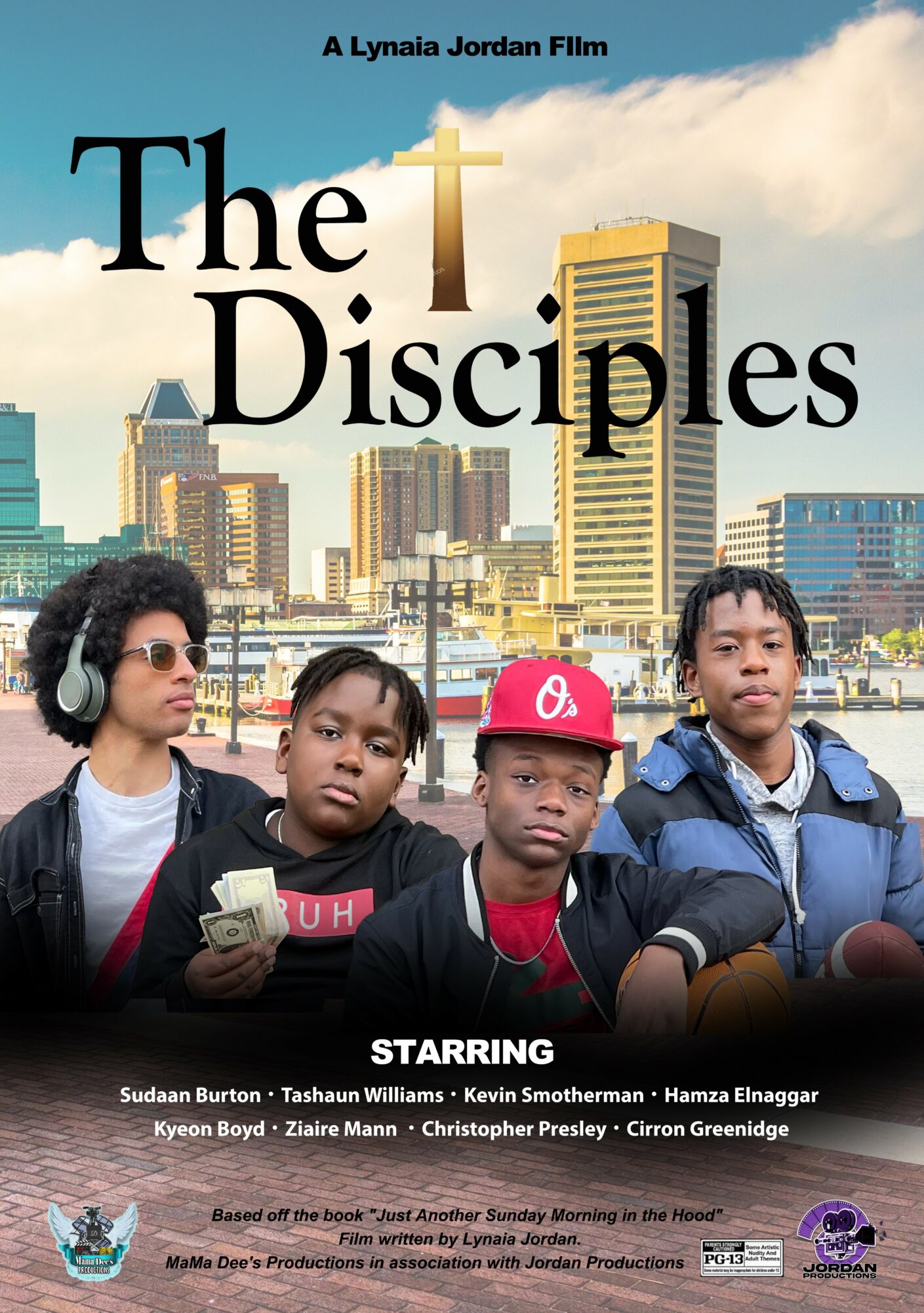Four young people stand in front of a city skyline with tall buildings, some wearing headphones and holding money.