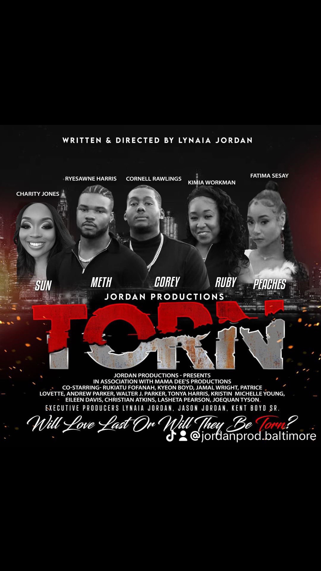 Group of five people standing together, with a red and black background, and text about a production titled 'TORN'.