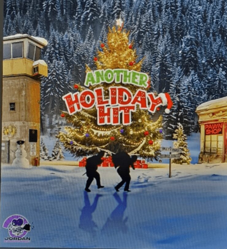Two people ice skating in front of a decorated Christmas tree with snow-covered trees in the background.