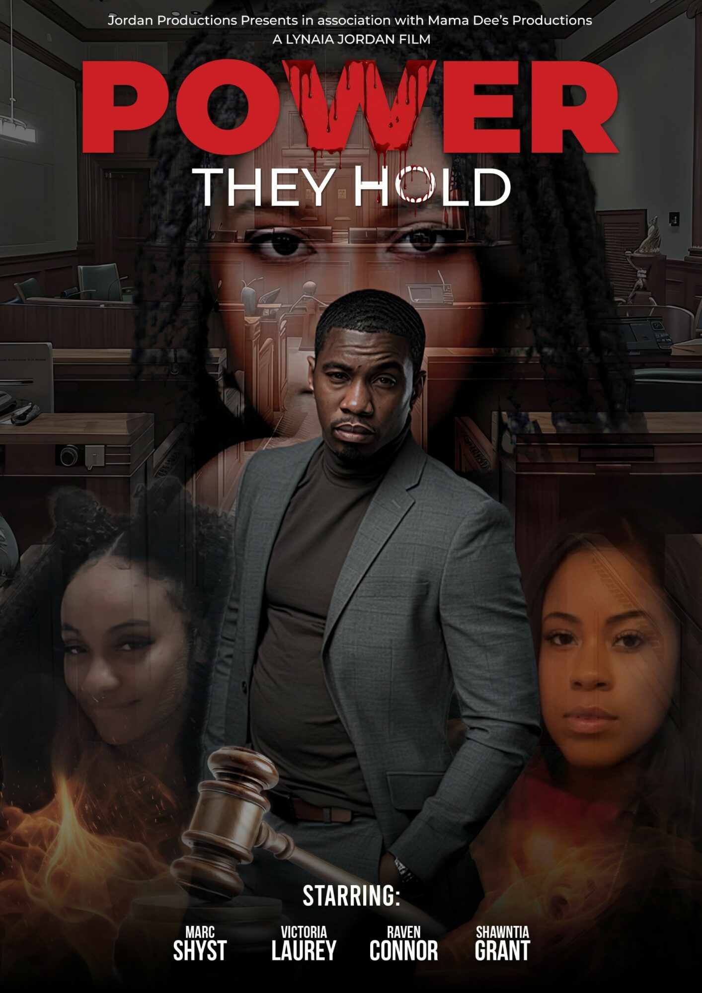 Movie poster with a man in a suit, large face of a woman in the background, and two young women on sides.