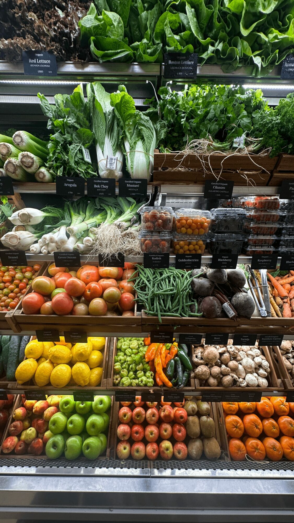 Display of fresh vegetables and fruits including leafy greens, tomatoes, garlic, apples, oranges, and berries in a grocery store.
