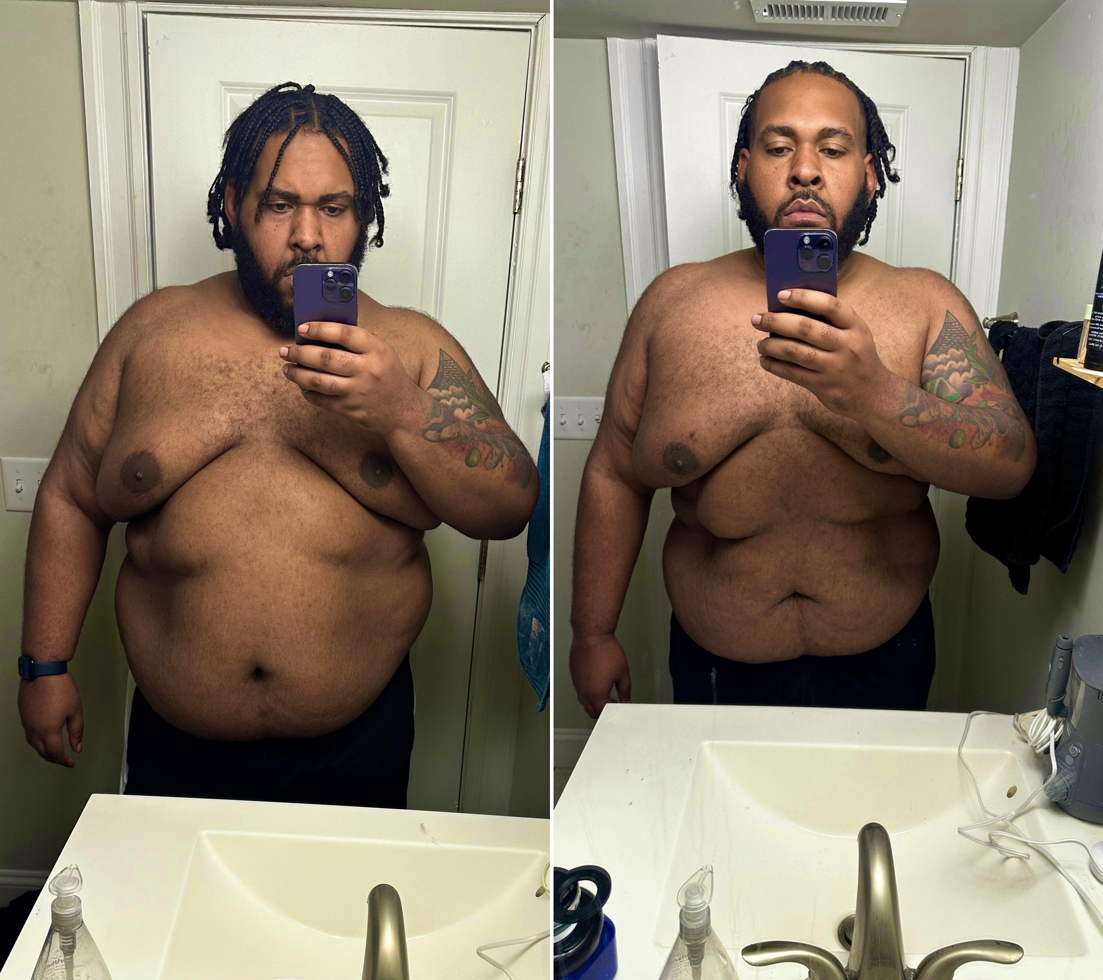 Side-by-side mirror selfies of a shirtless man with tattoos, taking photos in a bathroom. Both images show the same person from different angles.