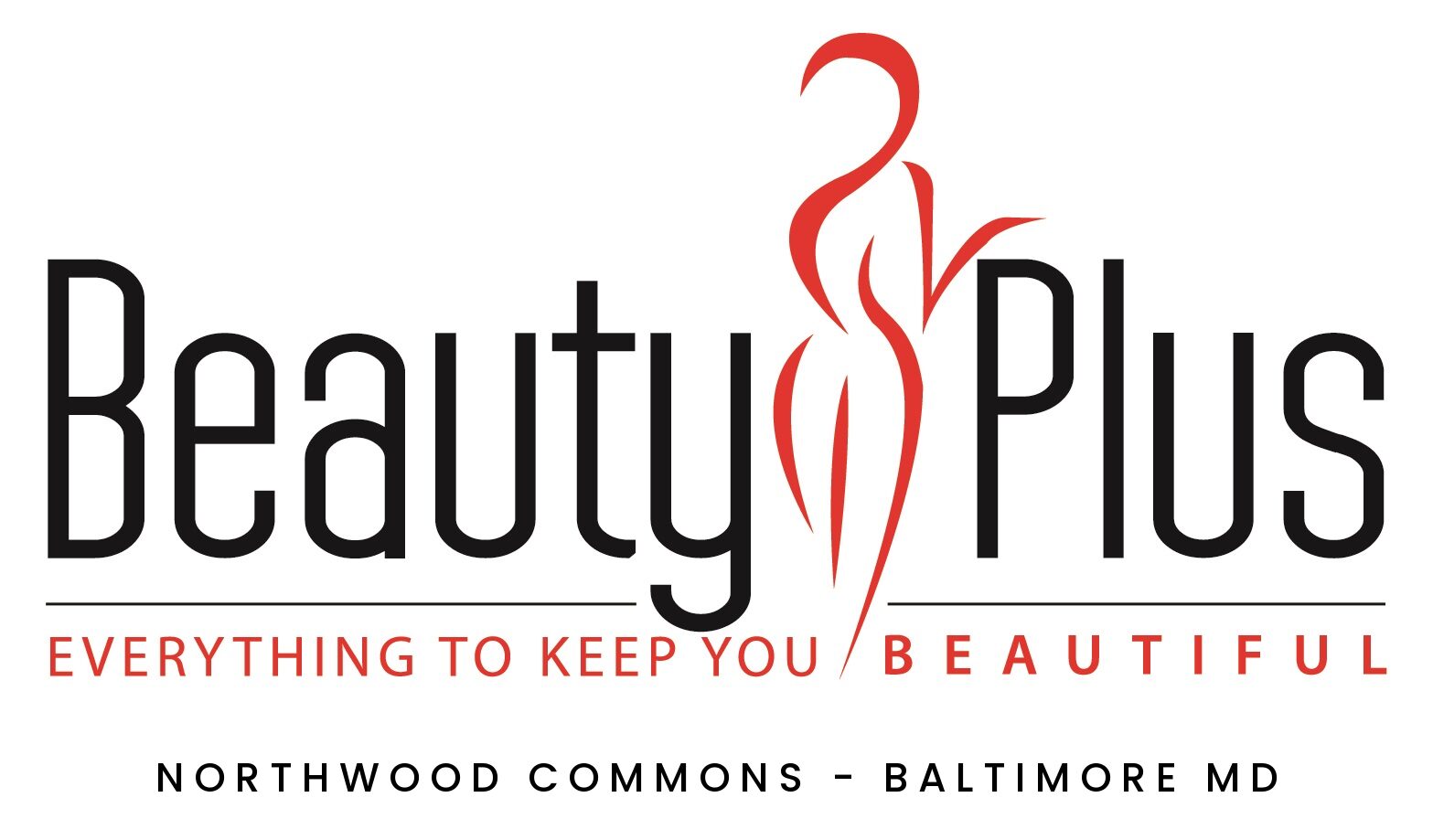 Beauty Plus logo with stylized red female figure, black text, and tagline, located above address in Baltimore MD.