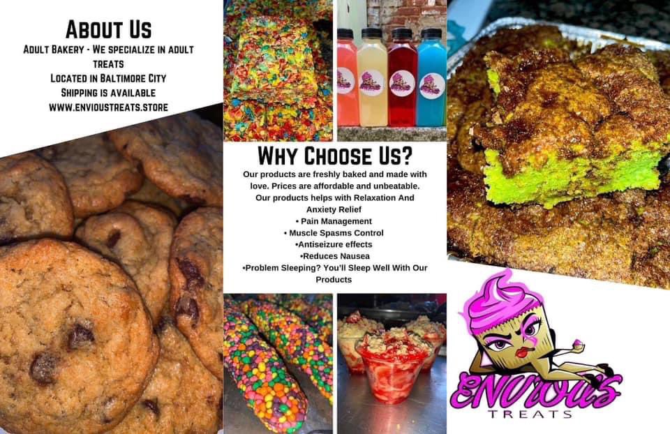 Collage of images including cookies, colorful candies, a cake slice, and a cartoon character holding a treat, with text about a bakery.