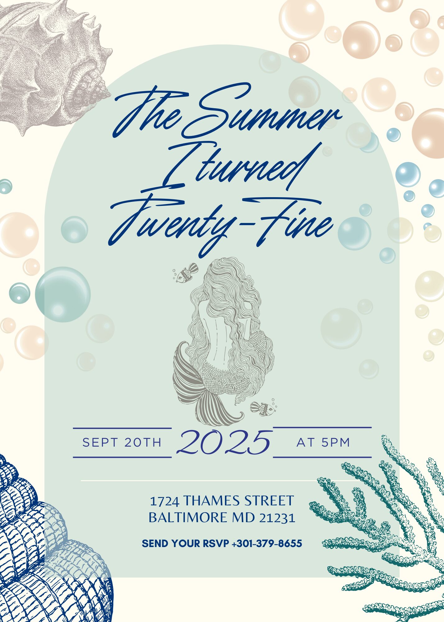 Invitation with a mermaid illustration, bubbles, and elegant text for a twenty-five birthday celebration on September 20th, 2025.