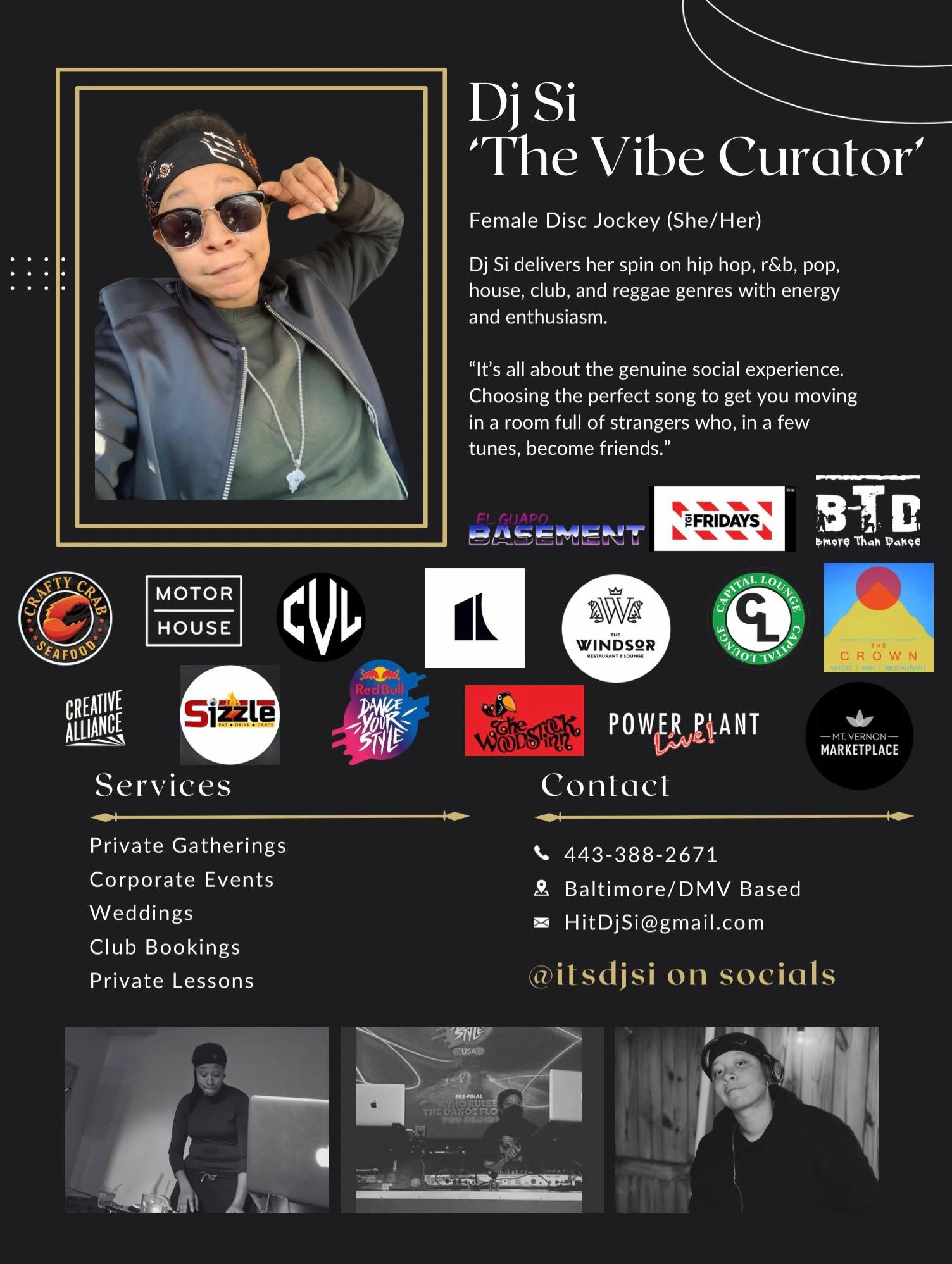 Promotional card for DJ Si, featuring a woman wearing sunglasses and headphones, with contact info and social media links.