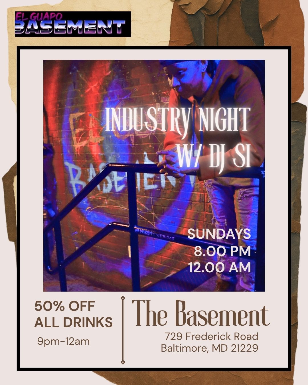 Promotional poster for Industry Night at The Basement, featuring DJ Si, Sundays 8 PM to 12 AM, located at 729 Frederick Road, Baltimore.