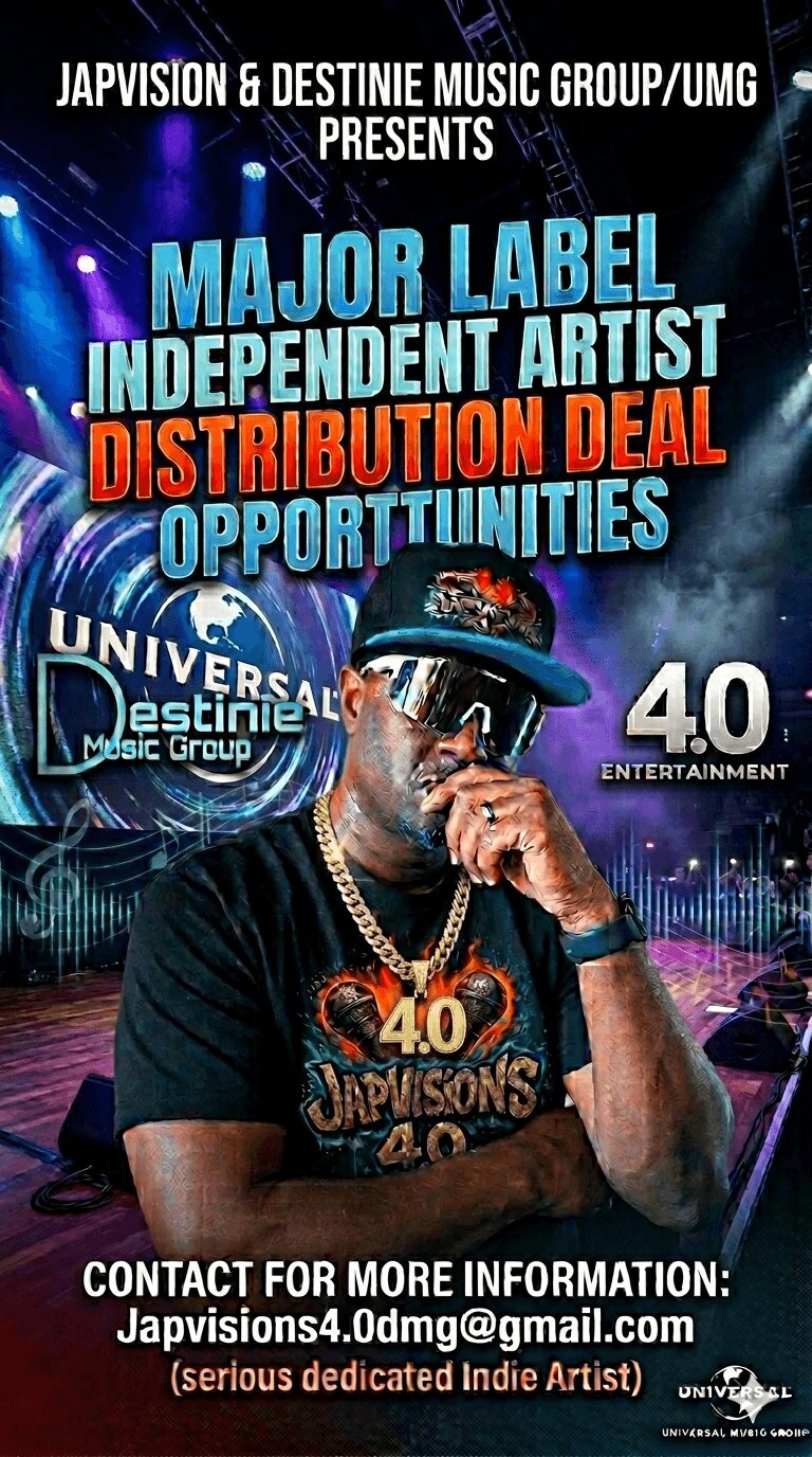 Promotional poster for music event featuring a man wearing sunglasses and a cap, with colorful lights and text about artists and opportunities.
