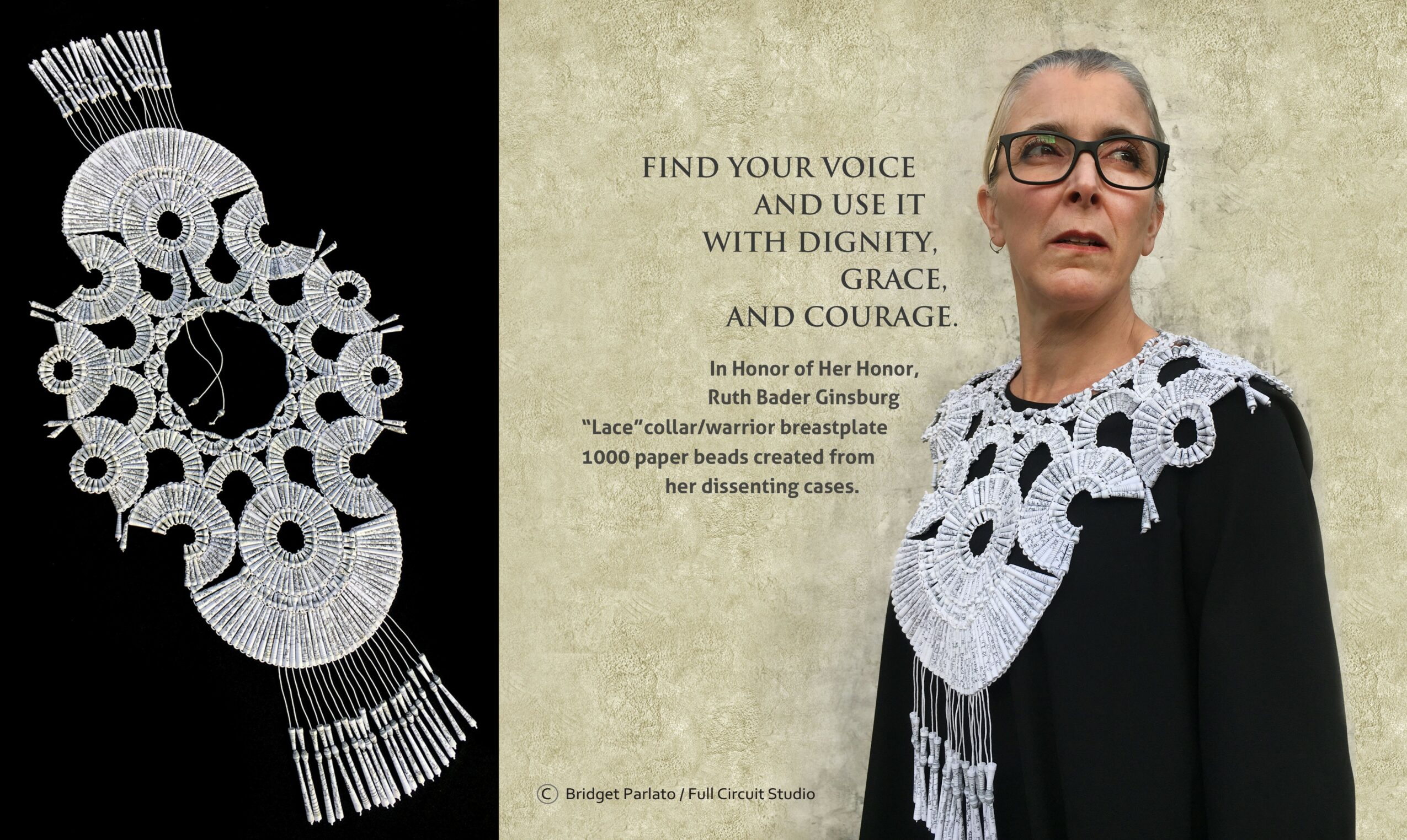 Woman wearing a large, intricate lace collar with fringe, standing against a beige background with text about finding voice and dignity.