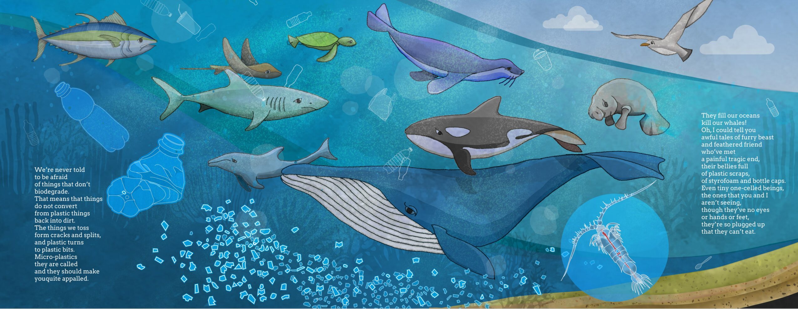Various marine animals including fish, whales, and a shark swimming underwater with bubbles and ocean background.