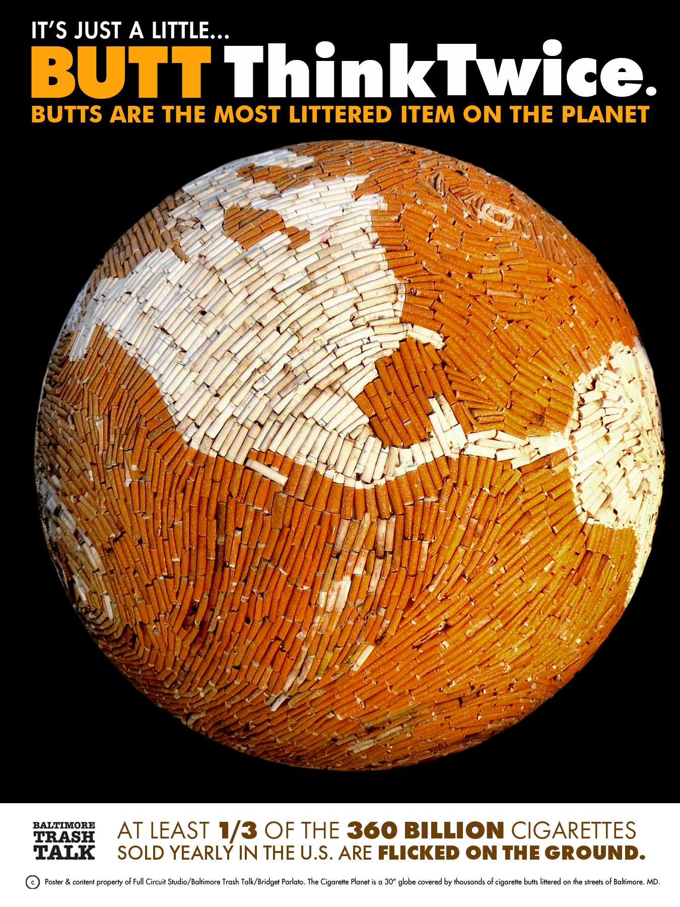 A globe made of cigarette butts with text about butt littering and cigarette consumption, and a black background.