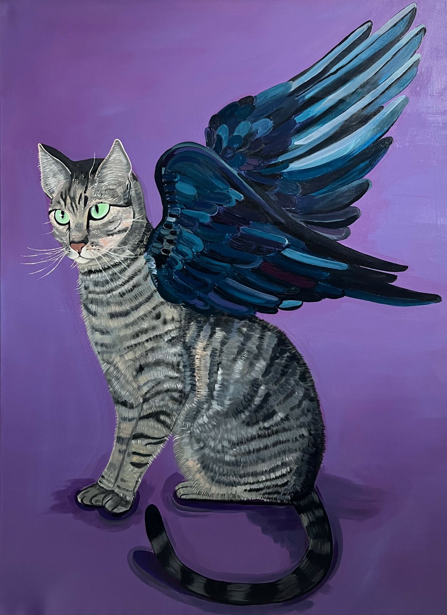 A cat with bird wings on a purple background, facing forward with green eyes, sitting with tail curled around its paws.