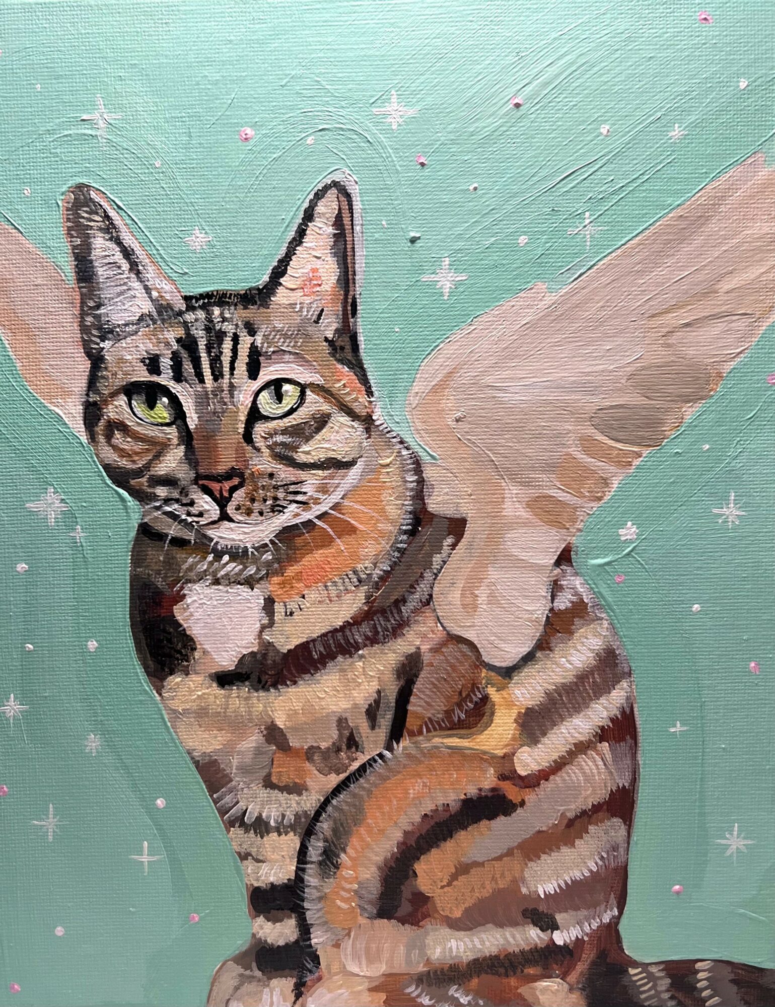 Painting of a tabby cat with green eyes, surrounded by stars and a hand reaching towards it, on a teal background.