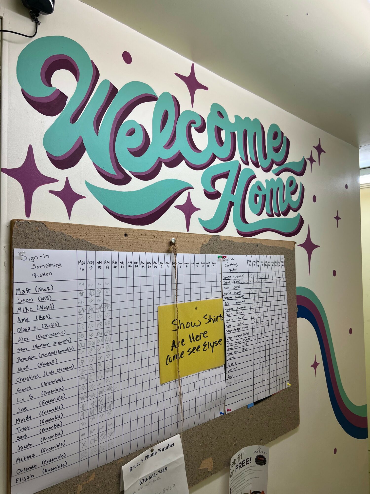Wall with colorful 'Welcome Home' sign and a chart with a yellow note attached.