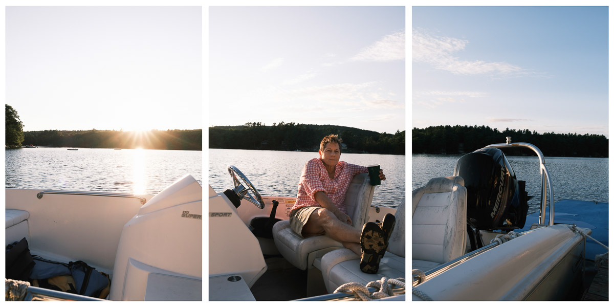 Three-panel photo of a woman sitting on a boat with water and trees in the background, sunlight reflecting on the water.