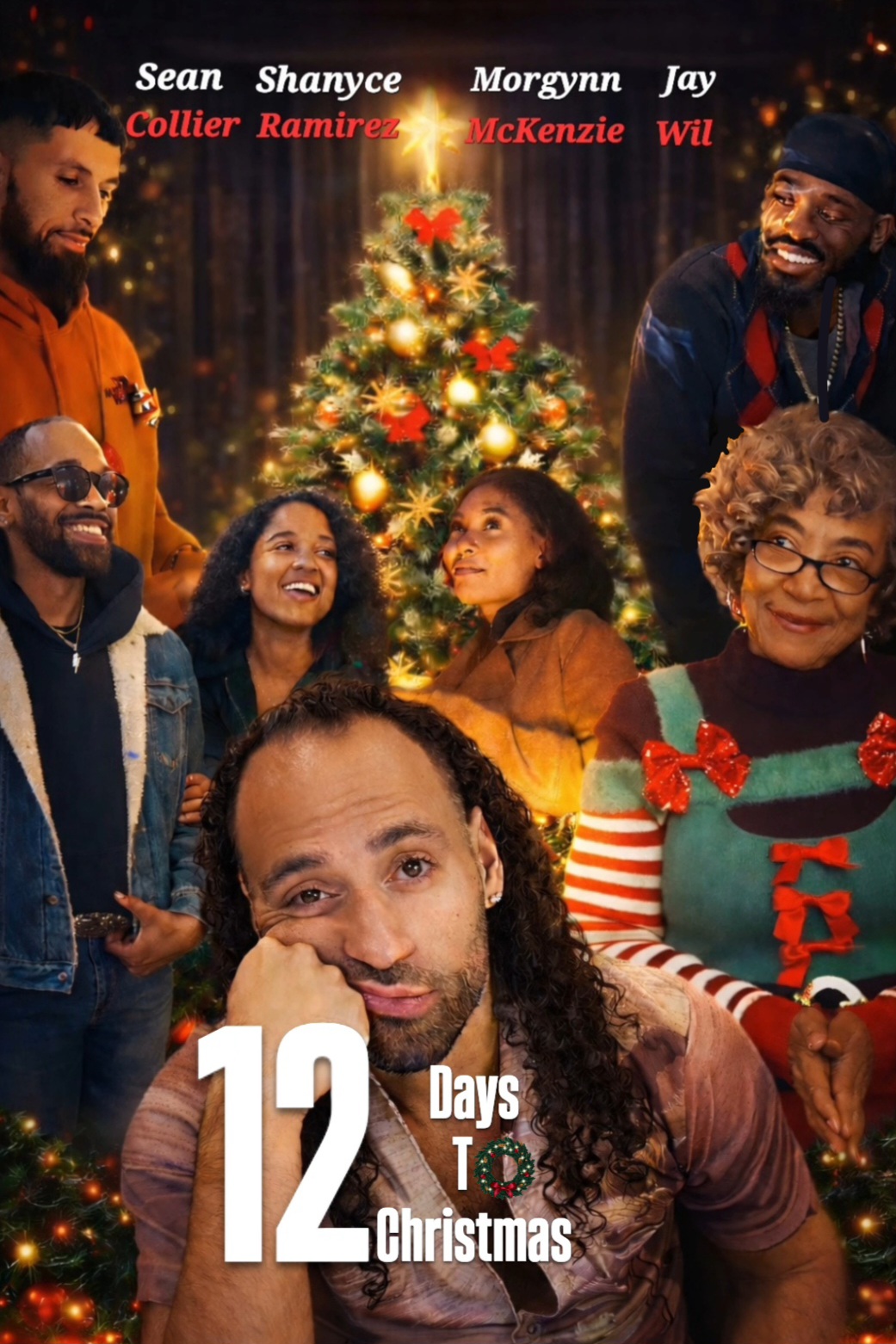 Group of diverse people celebrating Christmas around a decorated tree, smiling and enjoying the holiday season.