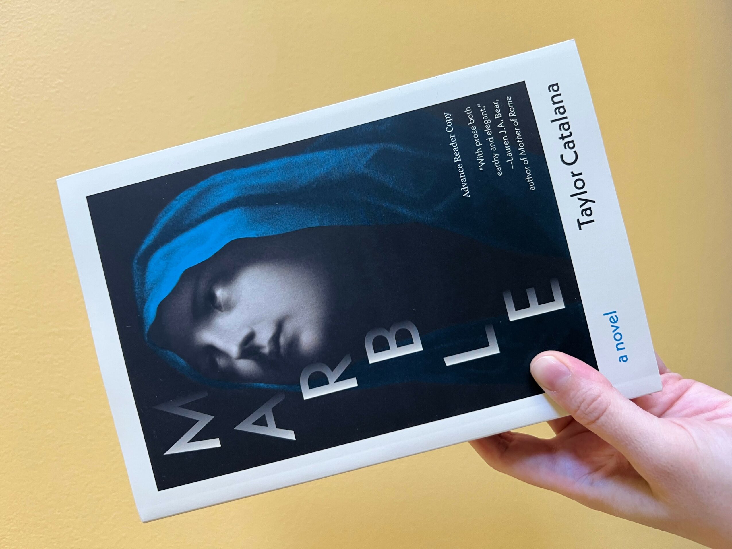 Person holding a book with a blue hooded figure on the cover, titled 'MARBLE' by Taylor Catalano.