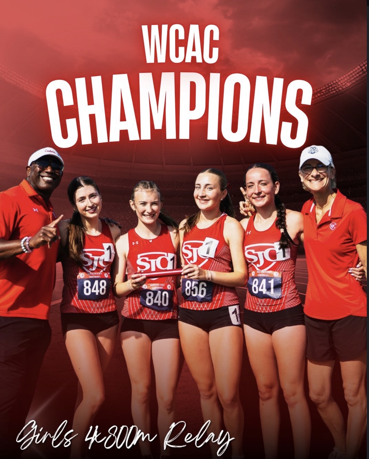 Group of five female athletes and two coaches celebrating at WCAC Champions event, girls wearing red and black uniforms, smiling.