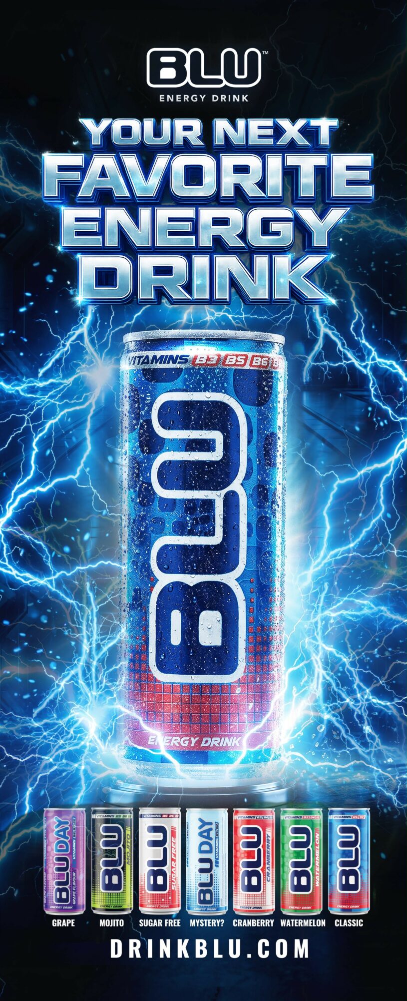 Advertisement for BLU energy drink with a can and lightning background, promoting it as a favorite energy drink.