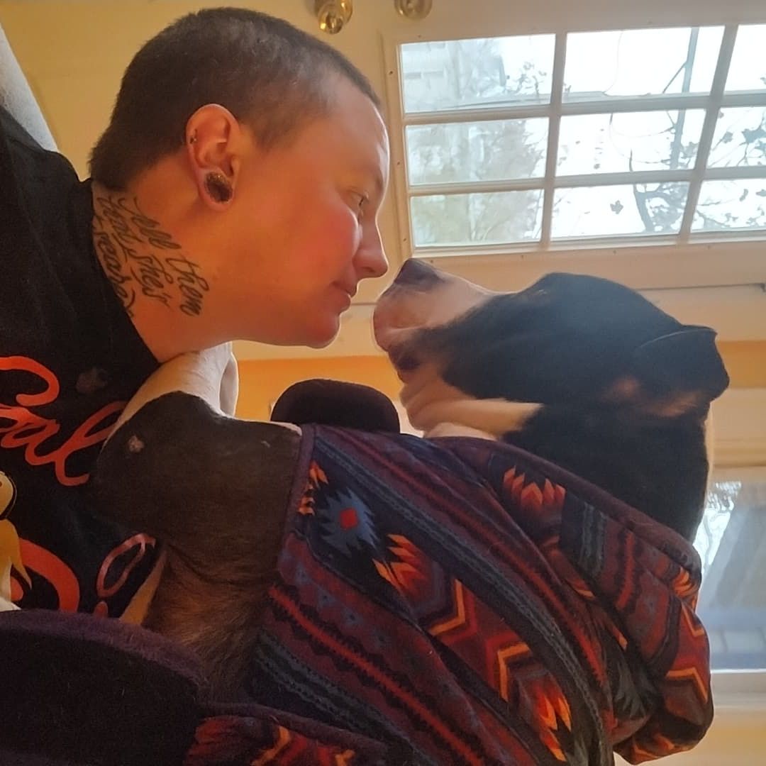 Person with tattoos on neck looking at two dogs, one with a colorful patterned hoodie, inside a room with a window.