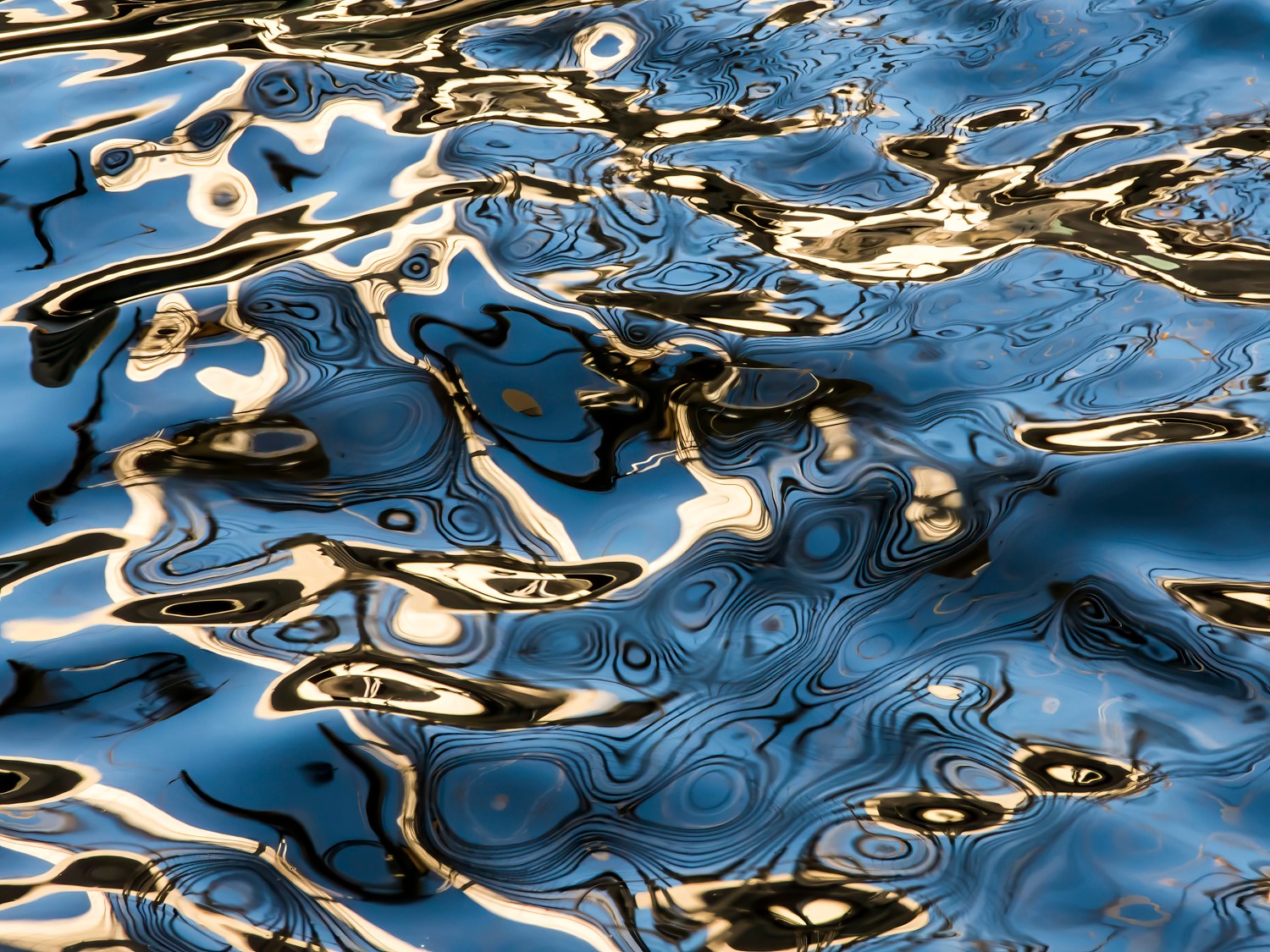Abstract water surface with ripples and reflections in blue, black, and white colors.