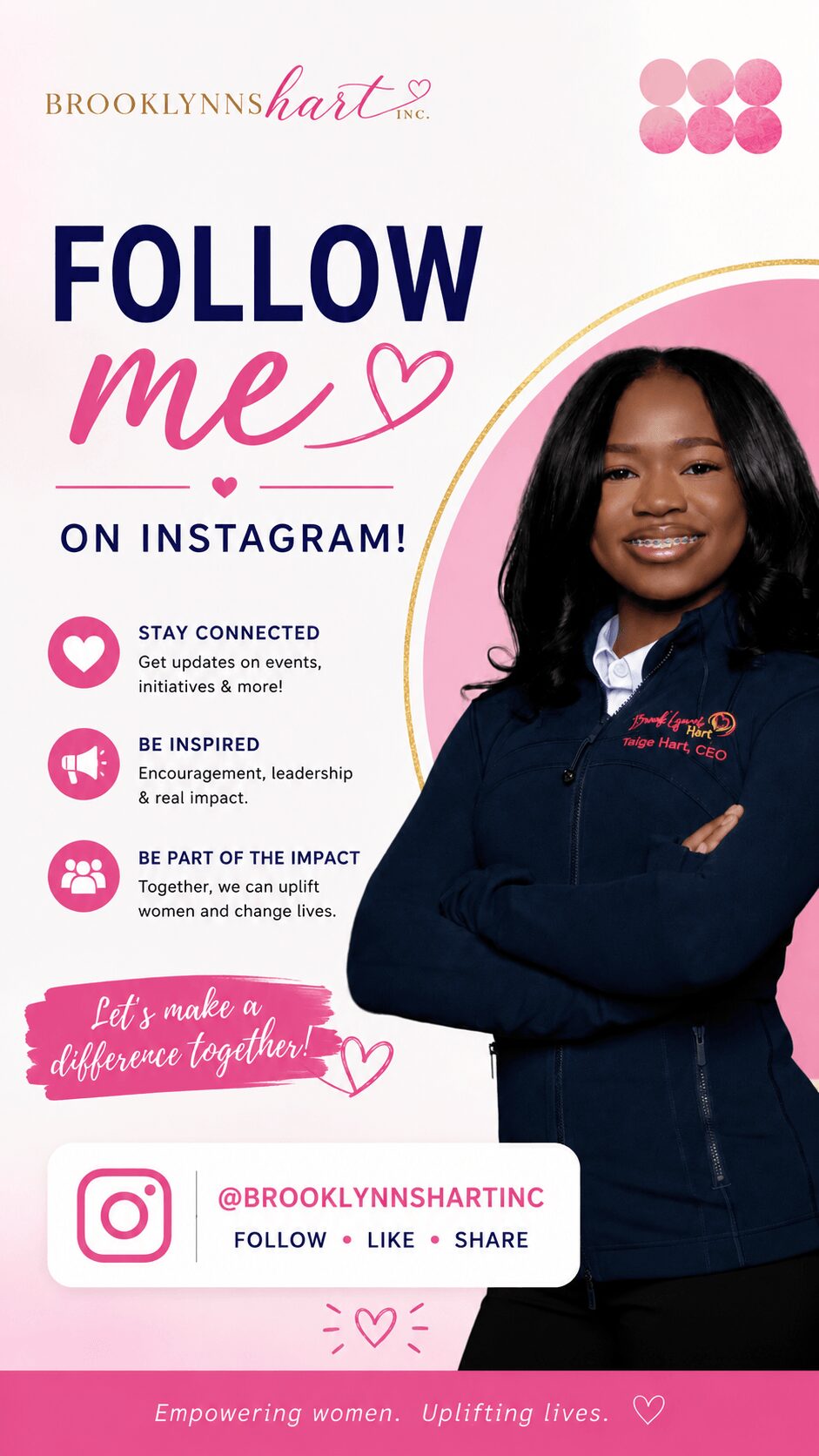 Young woman with long black hair wearing a dark blue jacket, smiling, standing with arms crossed, pink and white background.