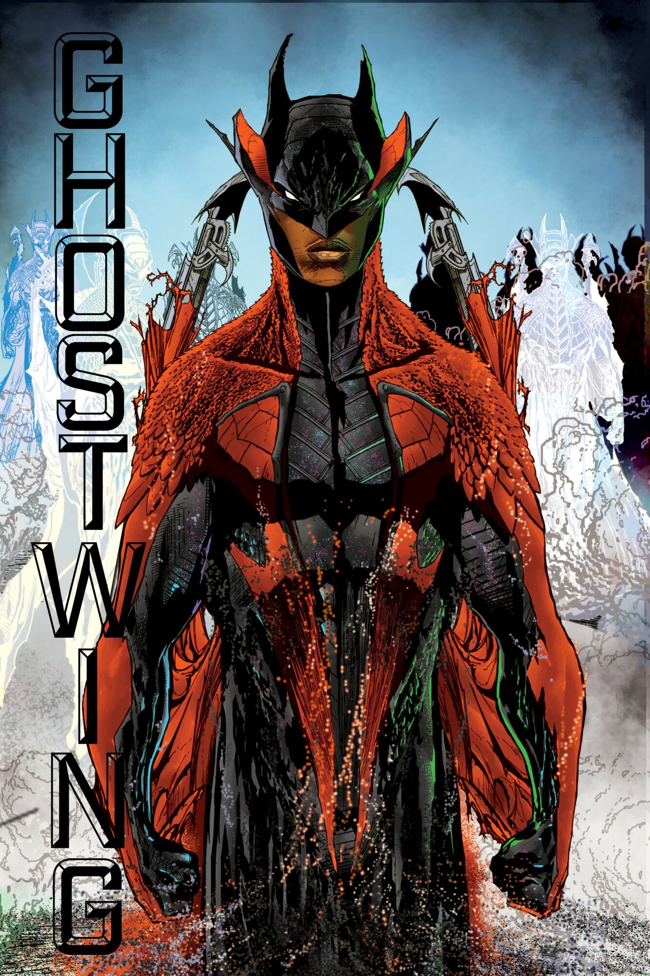 A character with a black helmet, red and black costume, and orange cape, standing with a background of icy mountains.