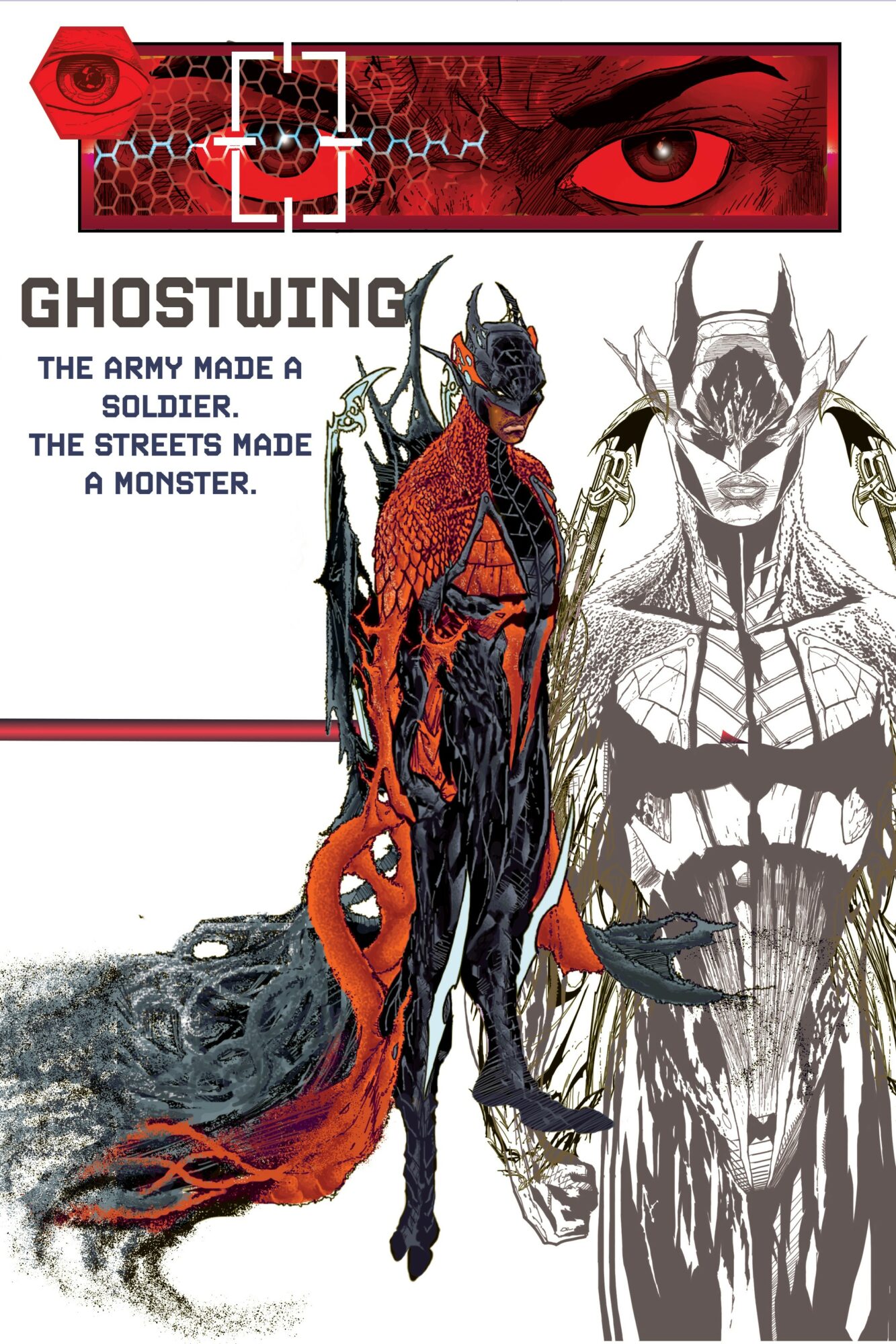 A creature with a horse's body, dragon-like features, and a human face, standing in front of a monstrous face sketch.