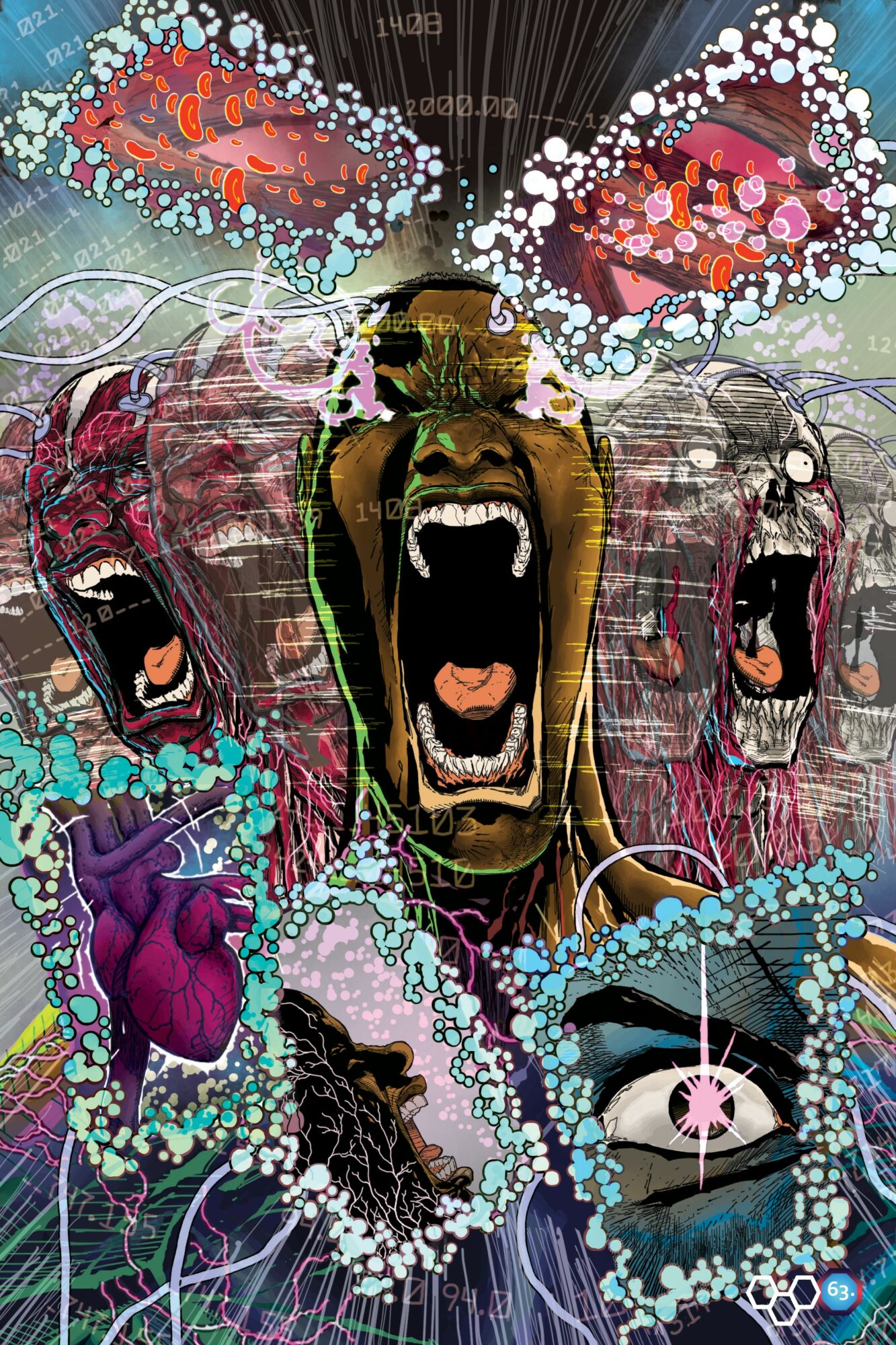 Multiple screaming faces with open mouths, surrounded by abstract colorful patterns and shapes, including a heart and an eye.