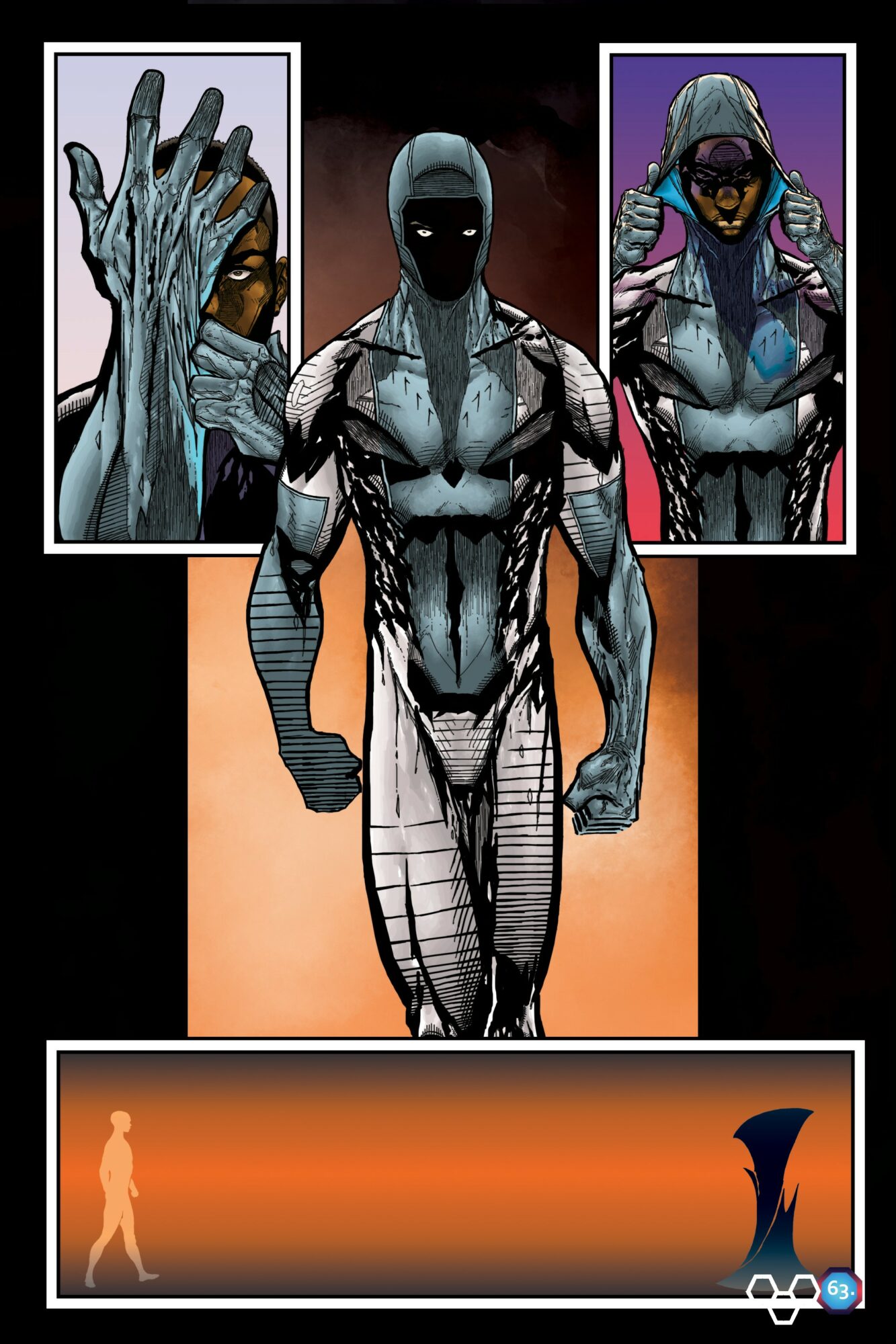 Central muscular figure with a black mask, flanked by two smaller images of a person in a hoodie and mask, background is black.