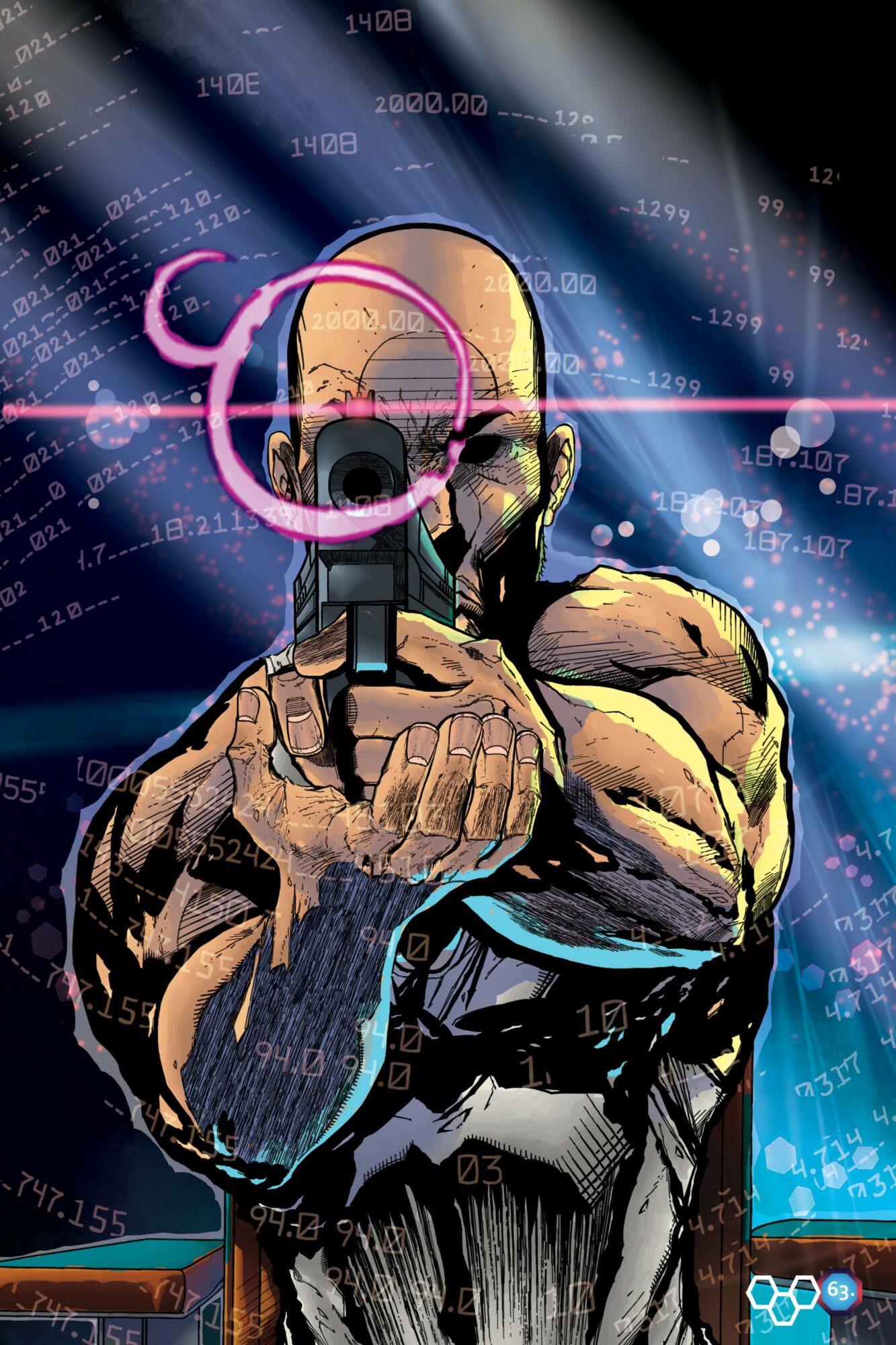 A comic-style character with a skull face holds a gun, aiming at the viewer, with digital data background.
