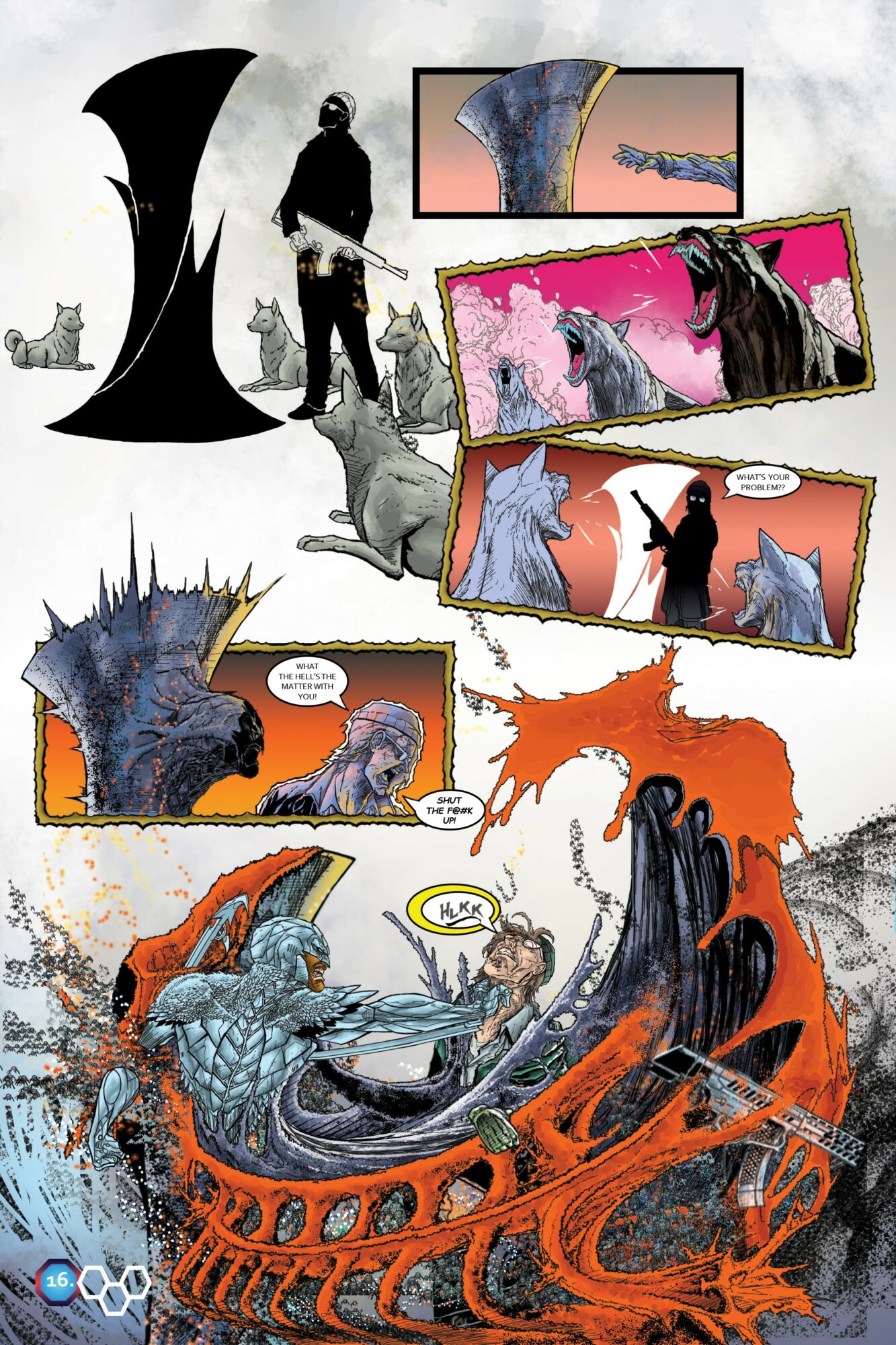 A collage of various fantasy and sci-fi scenes with creatures, characters, and landscapes, including a dragon, a person with a sword, and a cat.