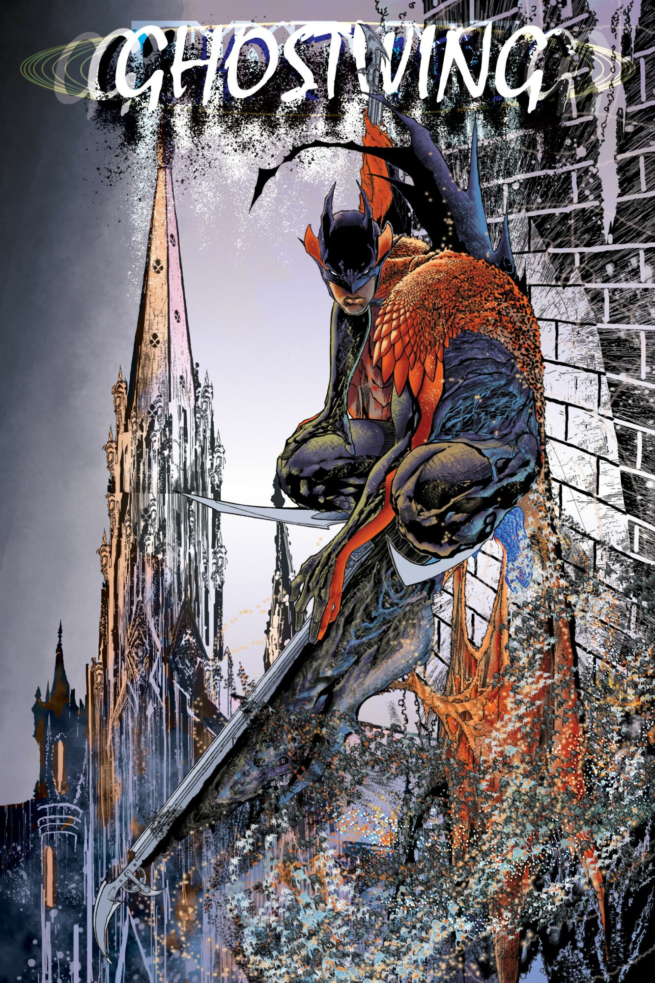 A dark, armored figure with a sword, standing in a ruined, icy landscape with a castle in the background.