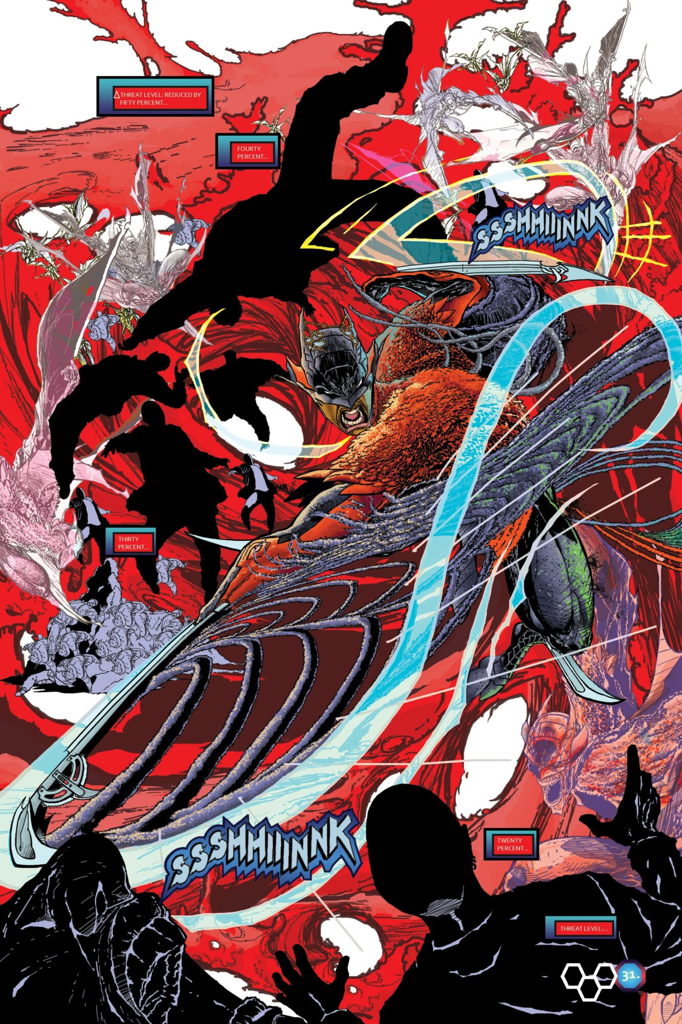 A comic-style scene with a large bird, a person, and various characters in a chaotic setting with red background.