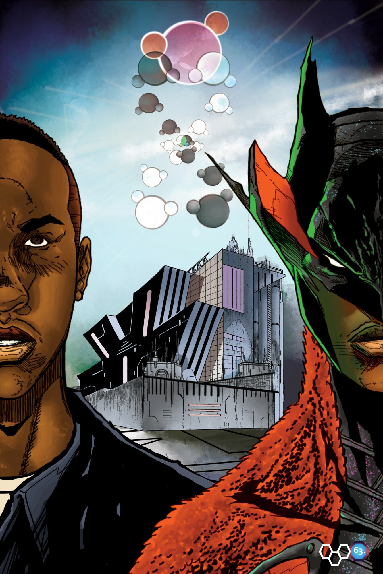Two characters in front of a futuristic cityscape with smoke and colorful bubbles in the sky.