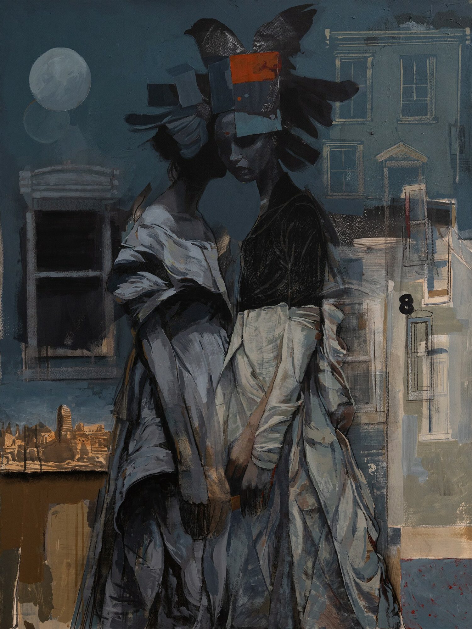 Two people stand close under moonlight with a cityscape background, wearing traditional clothing and headgear, facing each other.