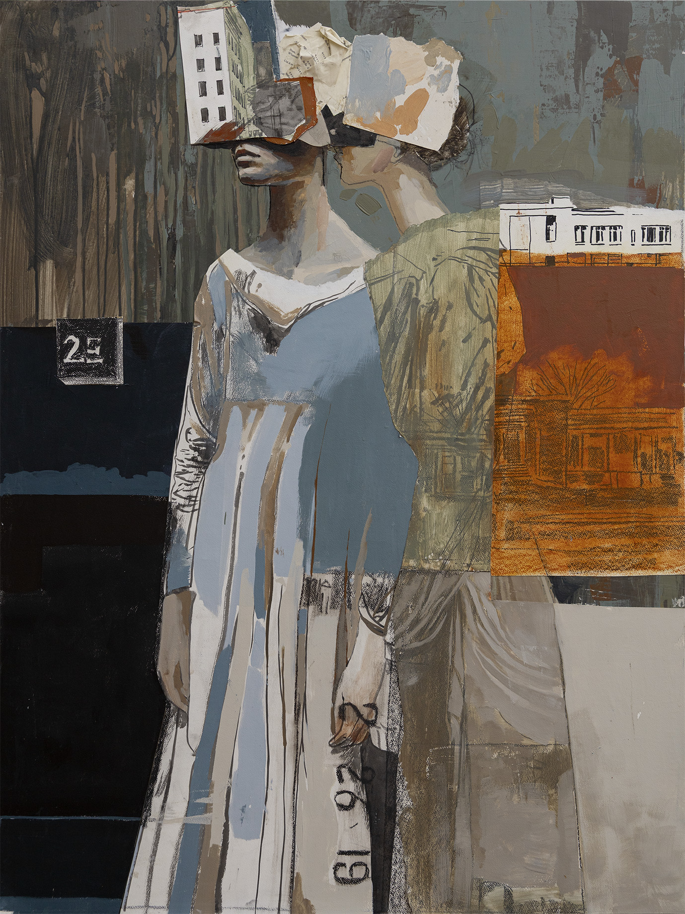 A woman in a striped dress stands with her hand on her forehead, surrounded by abstract shapes and colors.