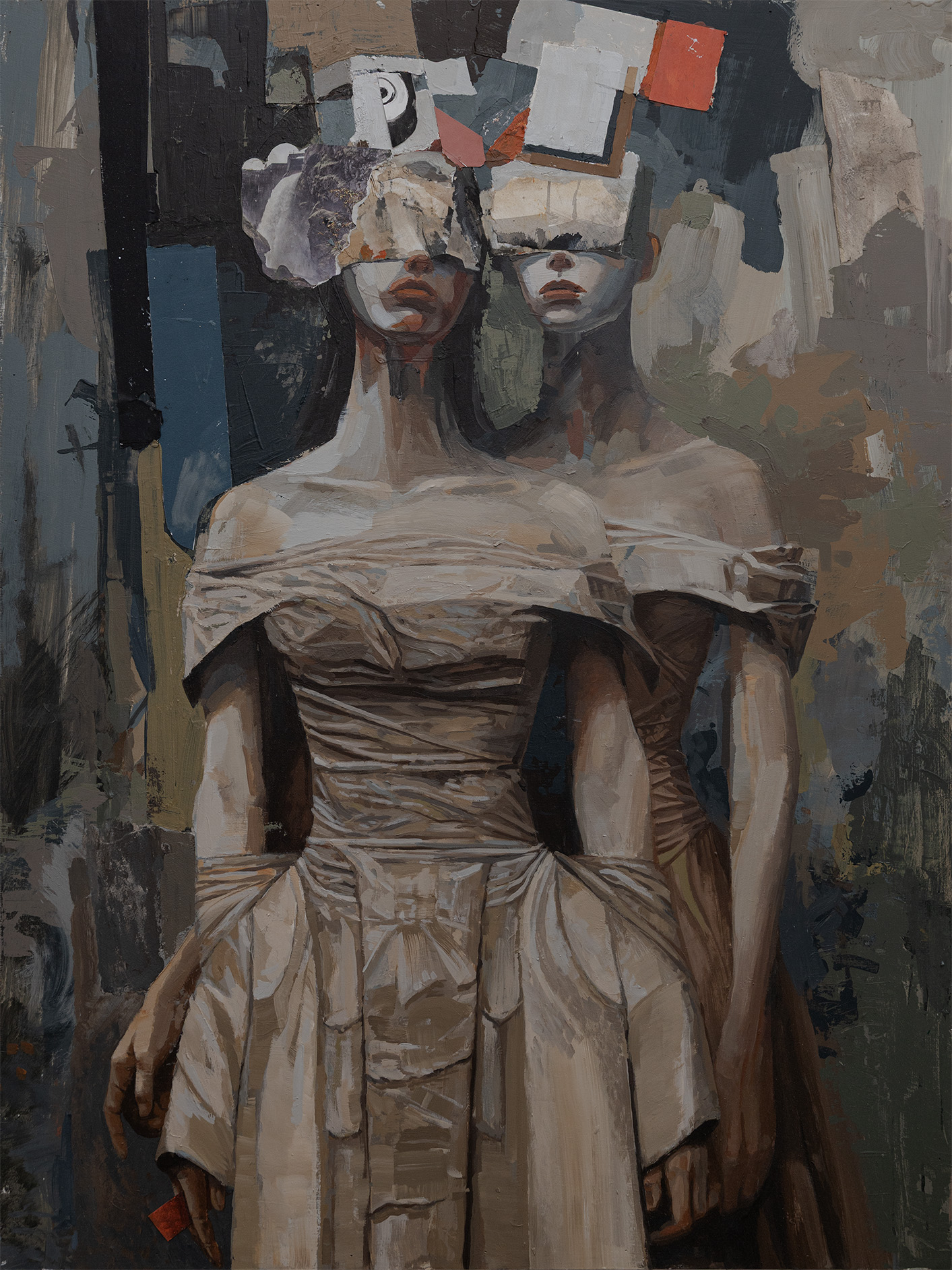 Two women with abstract, geometric headpieces stand side by side in a textured, painterly style. One wears a dress with off-shoulder sleeves.