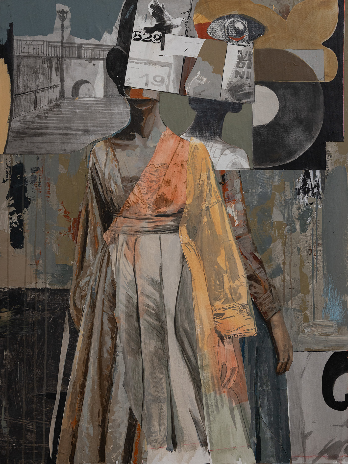 A collage-style artwork featuring a woman in traditional clothing with abstract and architectural elements in the background.