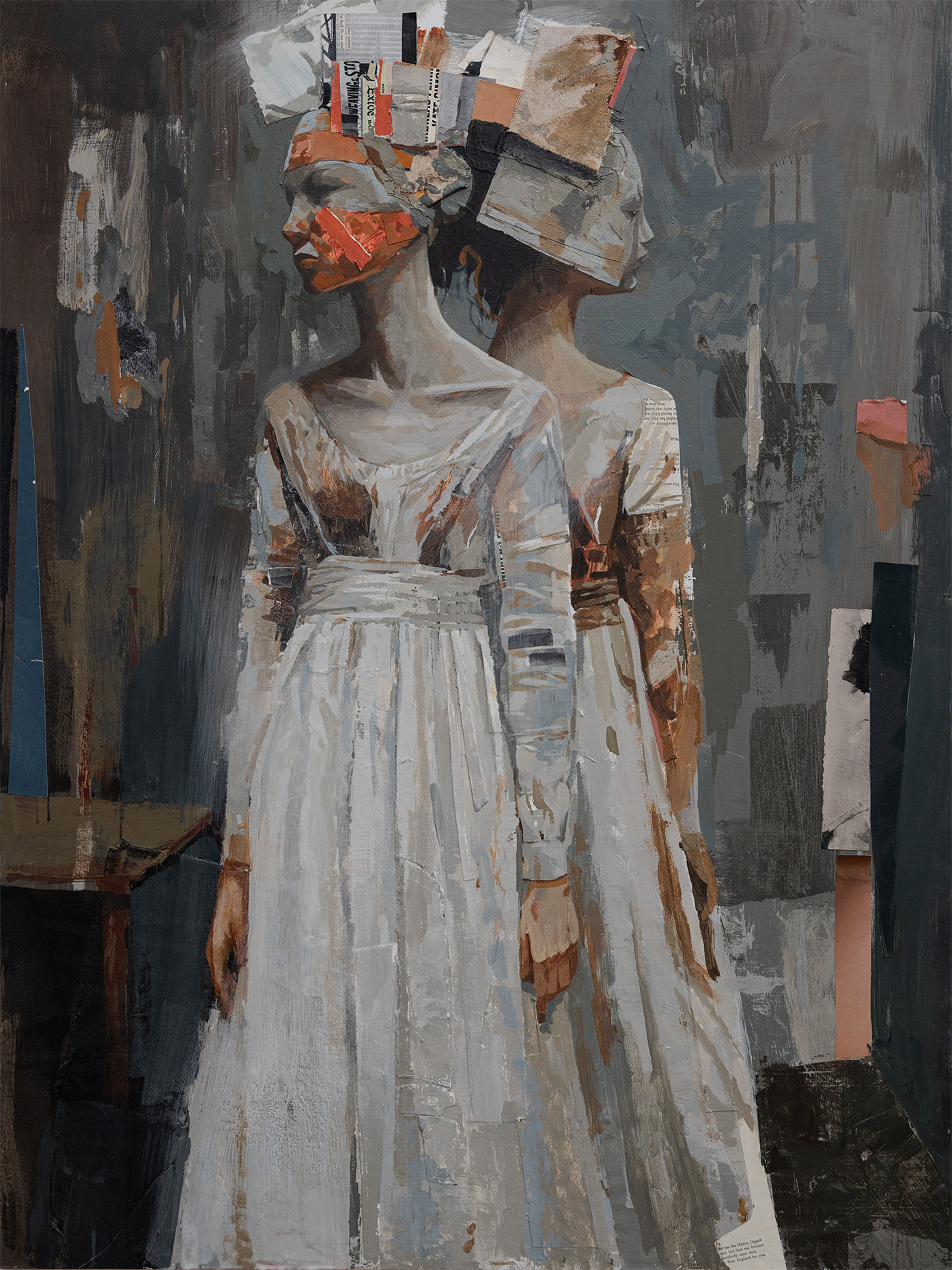Two women in white dresses with abstract headpieces stand side by side against a textured background.