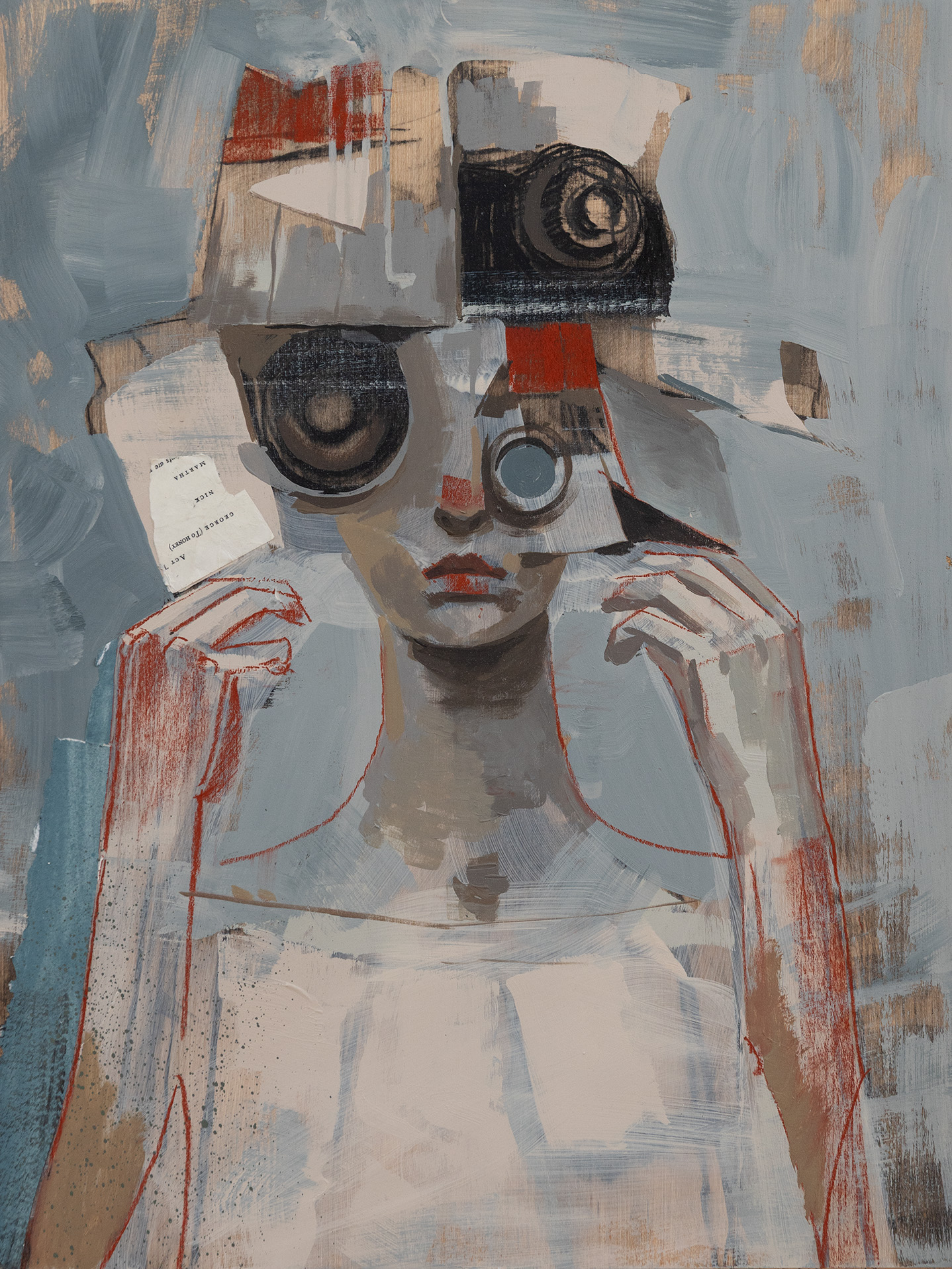 Abstract portrait of a woman with a camera on her head, holding her face with both hands, in muted colors.