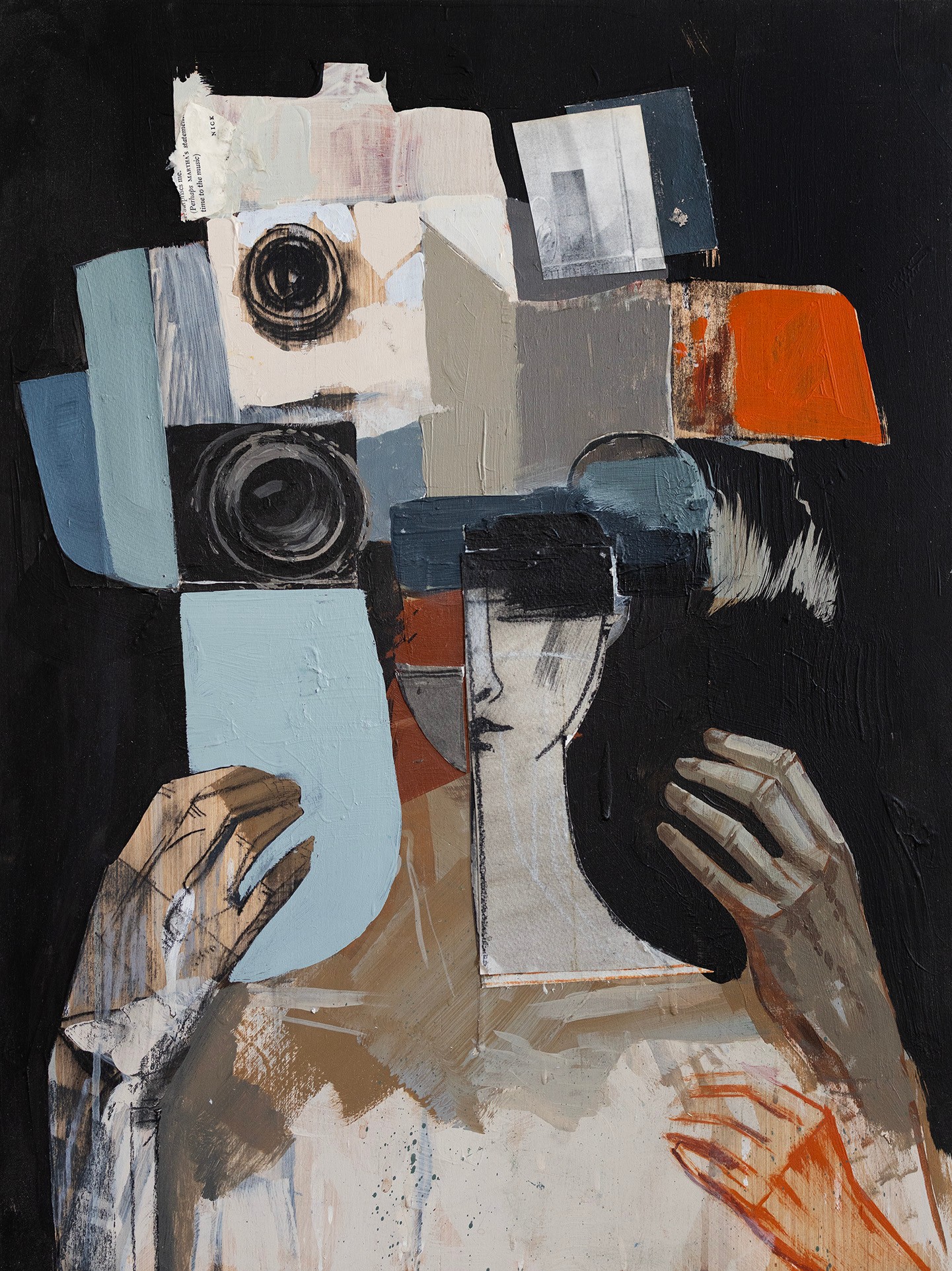 Abstract portrait of a person with dark hair, holding a blue object, surrounded by geometric shapes and colors.