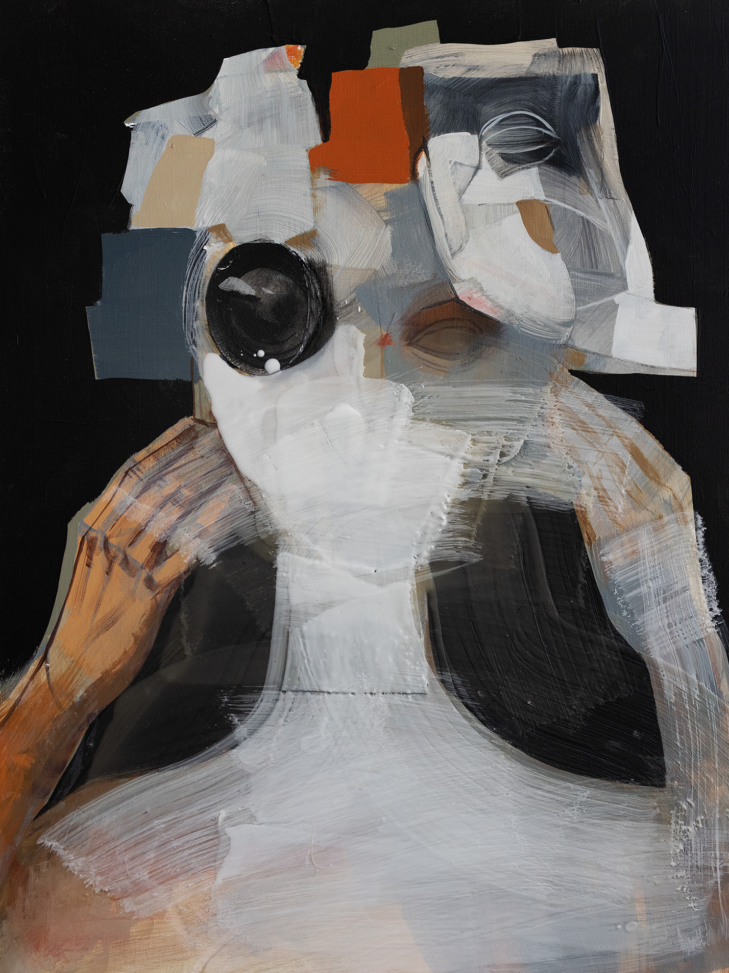 Abstract painting of a person with a camera, using bold brushstrokes and a dark background.