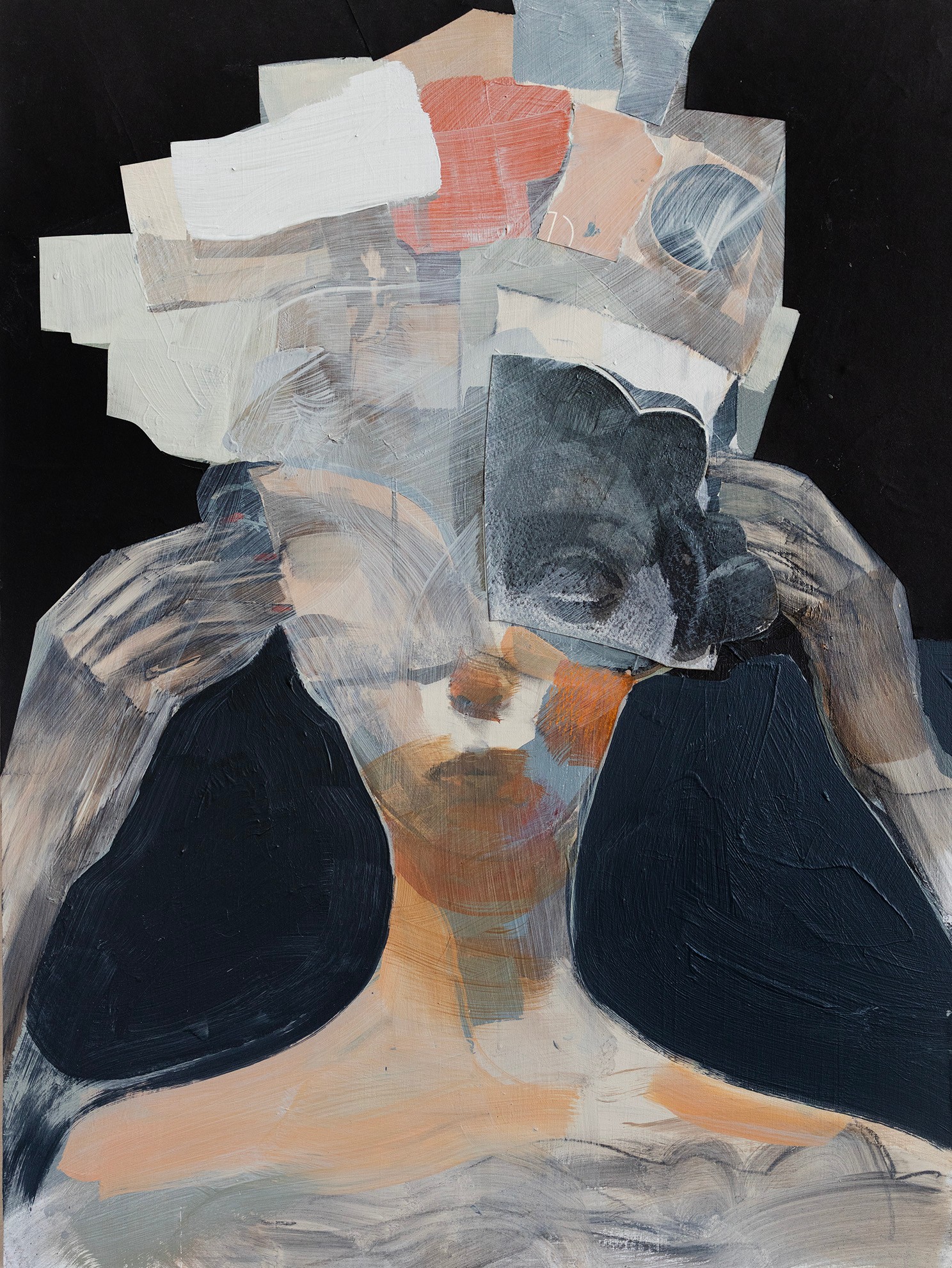 Abstract portrait of a woman with dark hair, her hands near her face, composed of layered paper textures.