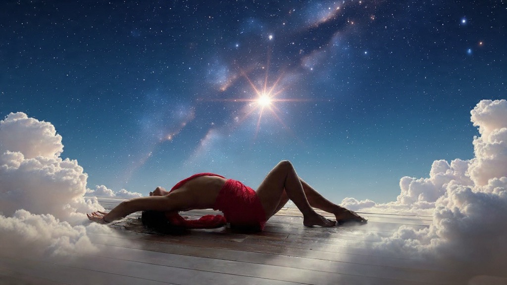 Person lying on a reflective surface under a starry sky with clouds and a bright celestial object.