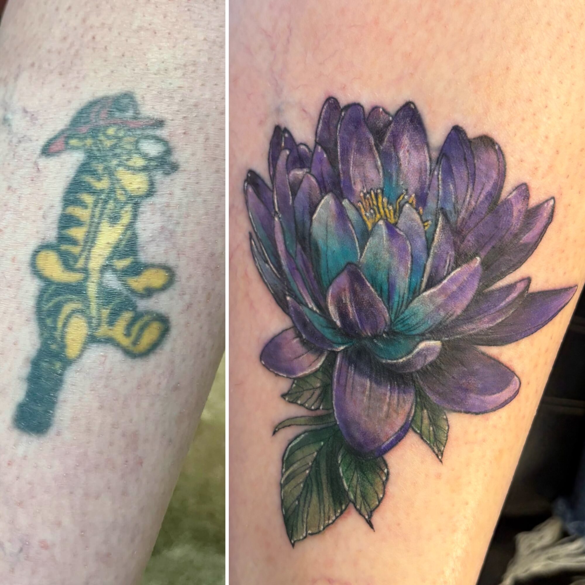 Tattoo of a purple lotus flower with green leaves on skin, detailed and colorful.