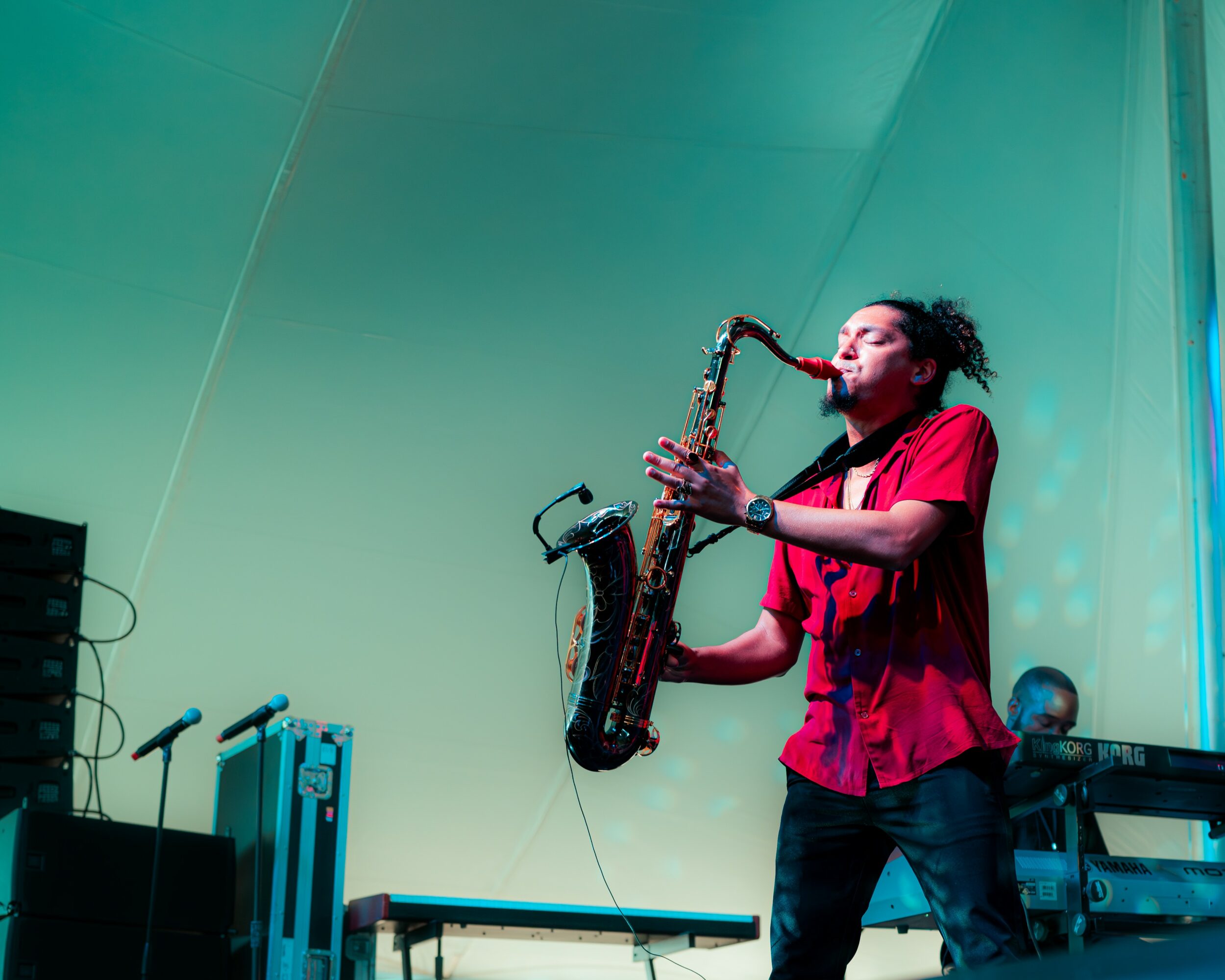 Person playing saxophone on stage with a green background, wearing a red shirt and dark pants.