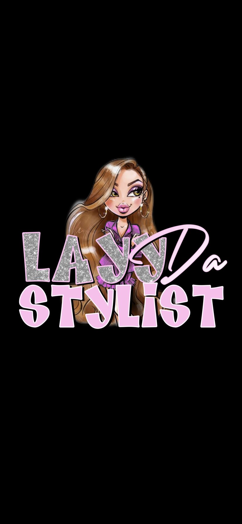 Illustration of a woman with long hair and makeup, with text 'LA J' and 'STYLIST' in pink and purple.