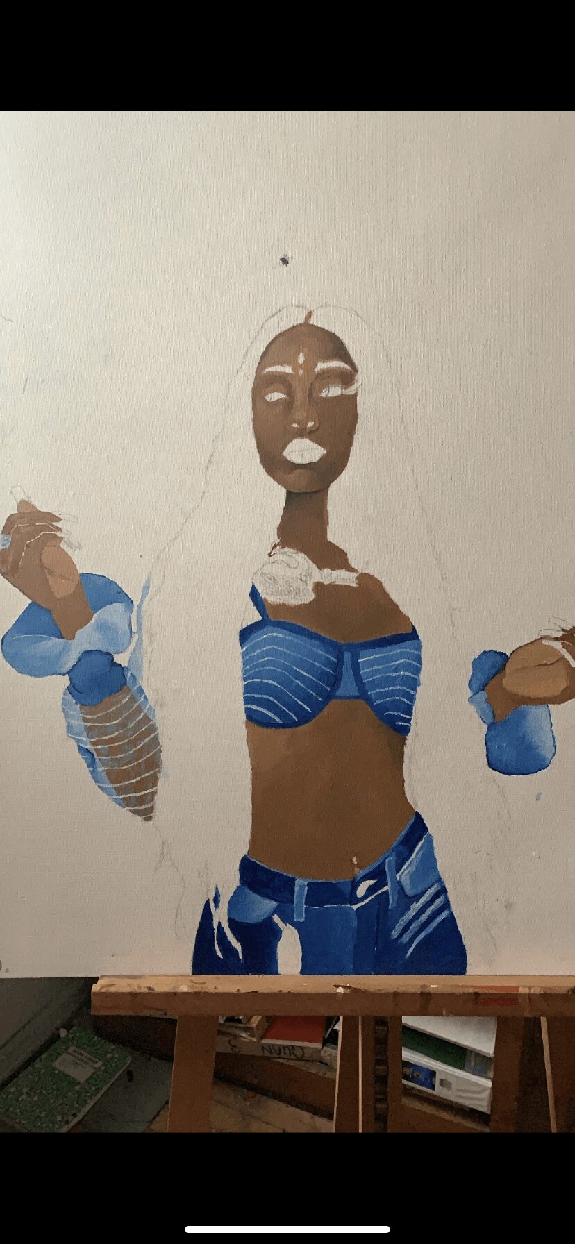 Partial painting of a woman in a blue striped top and jeans holding two blue cups, with a plain background.