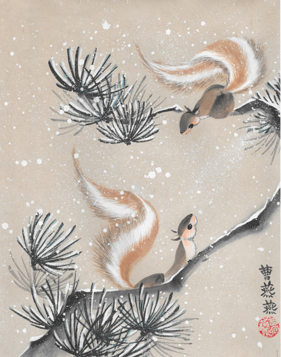 Two squirrels on pine branches with snow, one hanging upside down, the other sitting, in a winter scene.